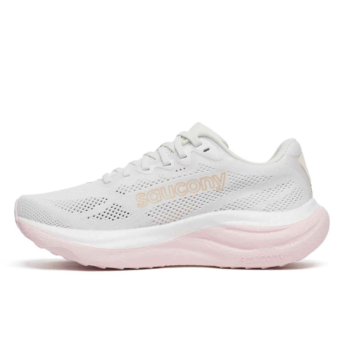 Saucony Women's Ride 19 running shoe in white mesh with blush pink cushioning, perforated details and white laces