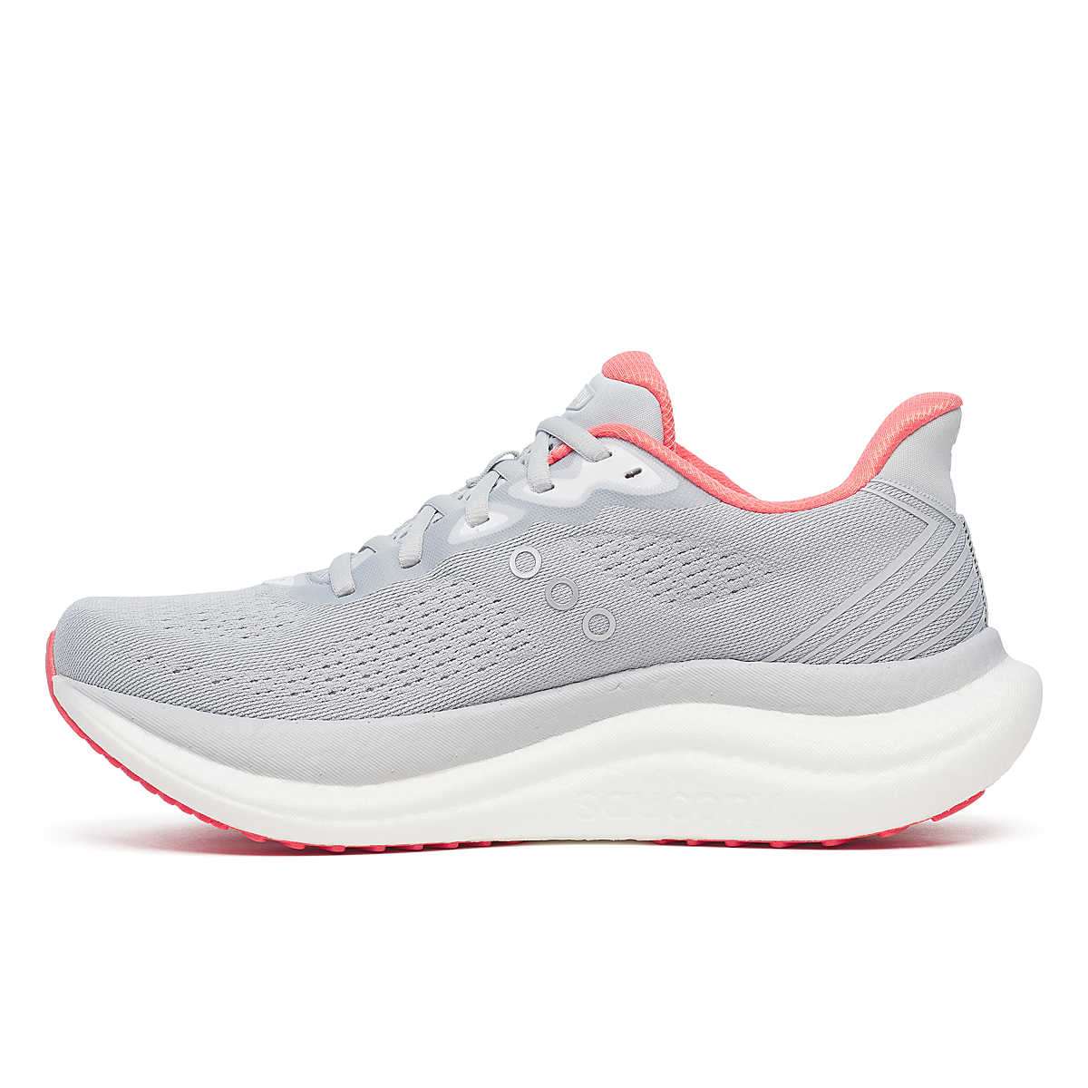 Saucony Women's Triumph 23 running shoe in light gray mesh with coral accents, sculpted white midsole and gray laces