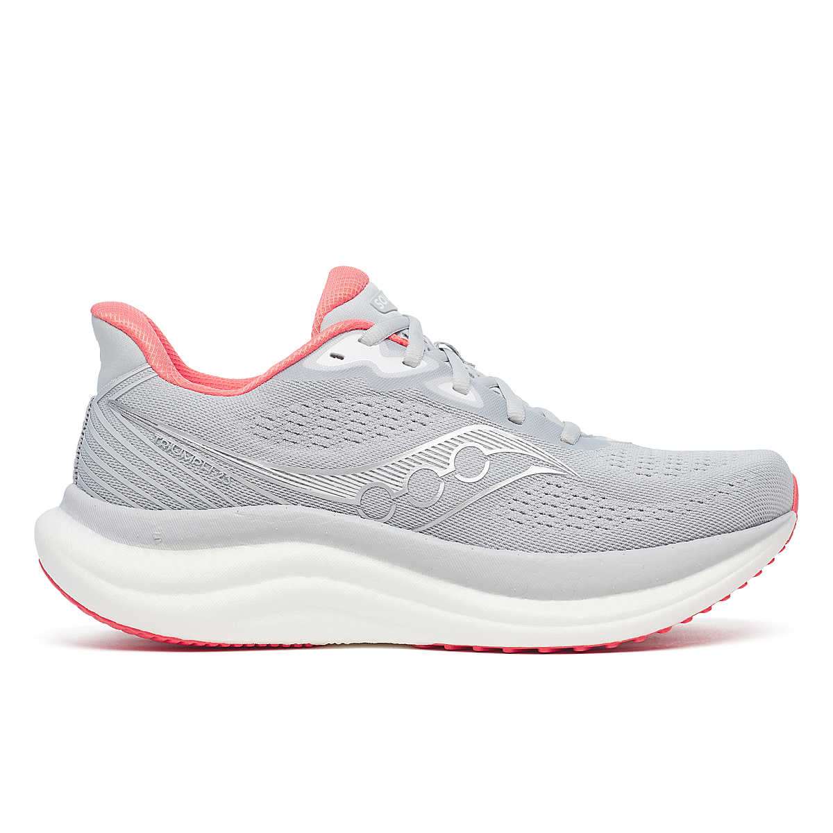 Saucony Women's Triumph 23 running shoe in light gray mesh with coral accents, a white cushioned sole and Saucony side logo
