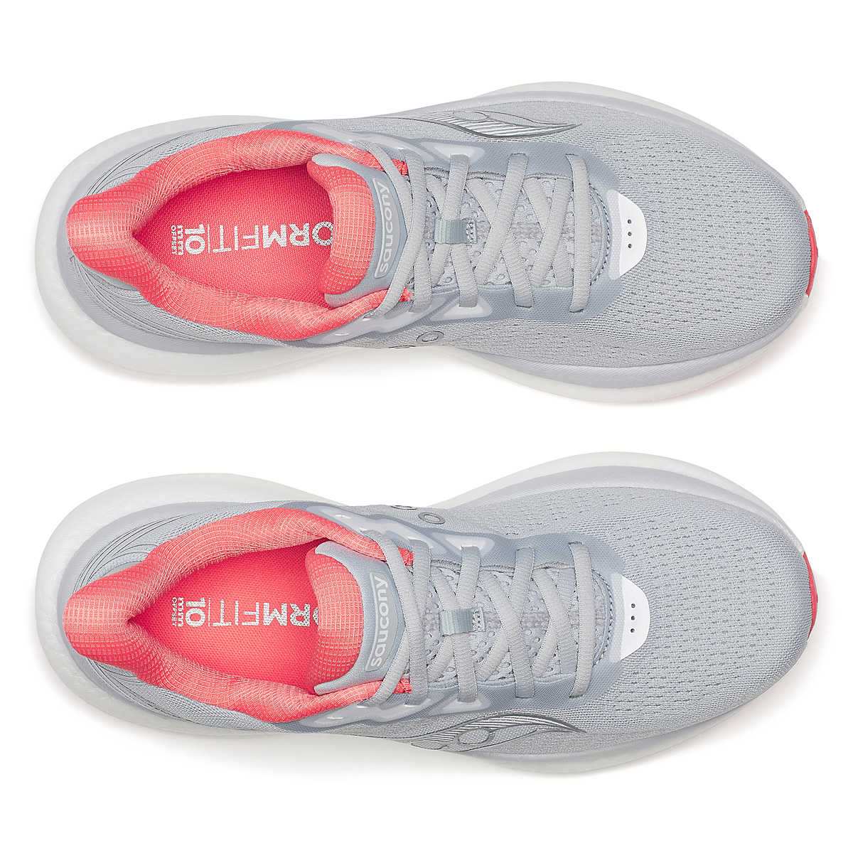 Saucony Women's Triumph 23 running shoe pair in light grey mesh with coral lining, matching laces and cushioned soles