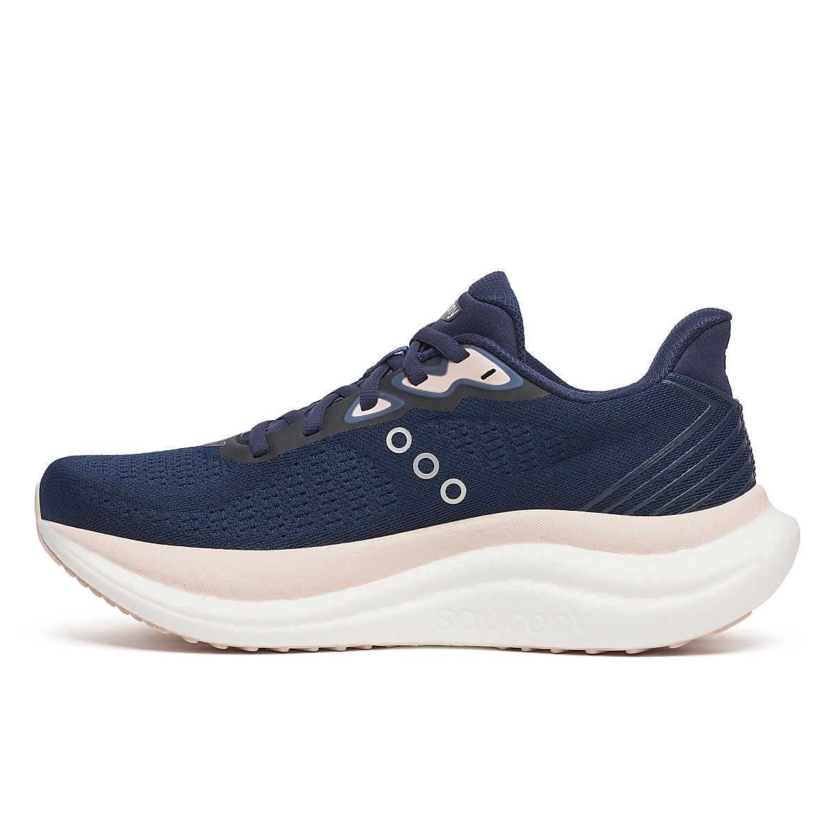 Saucony Women's Triumph 23 running shoe in navy knit mesh with a thick white cushioned sole and three side rings