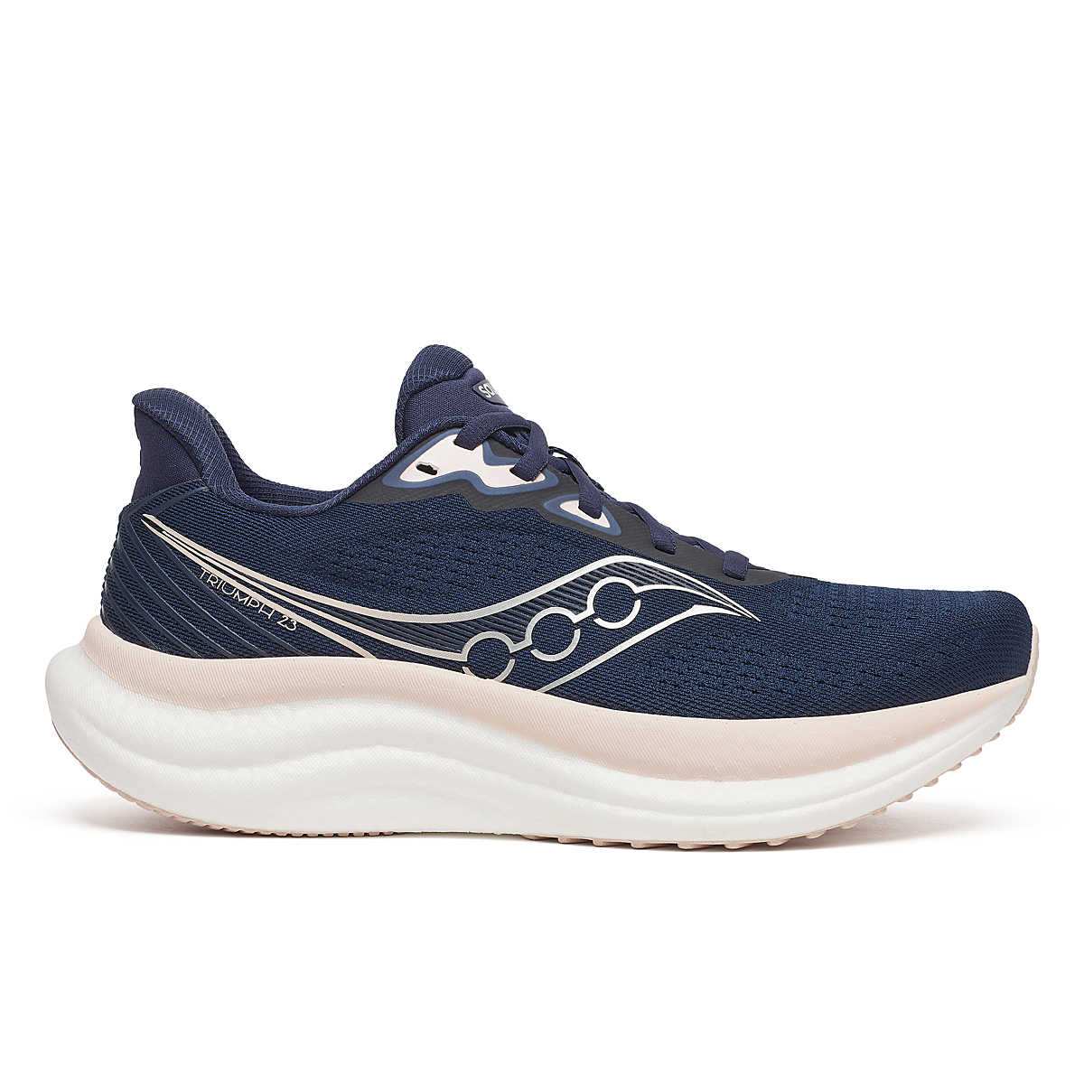 Saucony Women's Triumph 23 running shoe in navy blue mesh with white accents, curved side stripes and a thick cushioned sole