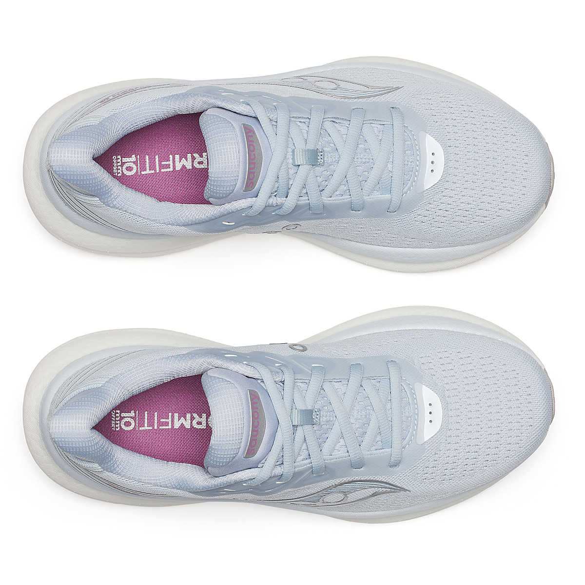 Saucony Women's Triumph 23 running shoes in pale blue mesh with matching laces, white soles and magenta insoles