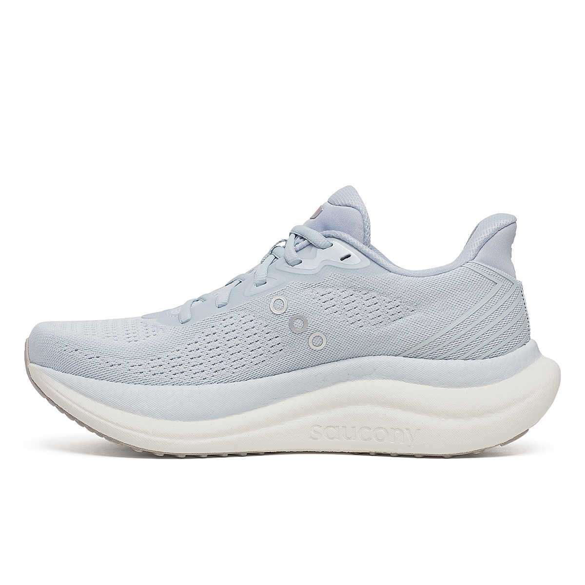 Saucony Women's Triumph 23 running shoe in pale gray knit mesh with tonal laces, three side details and a thick white sole