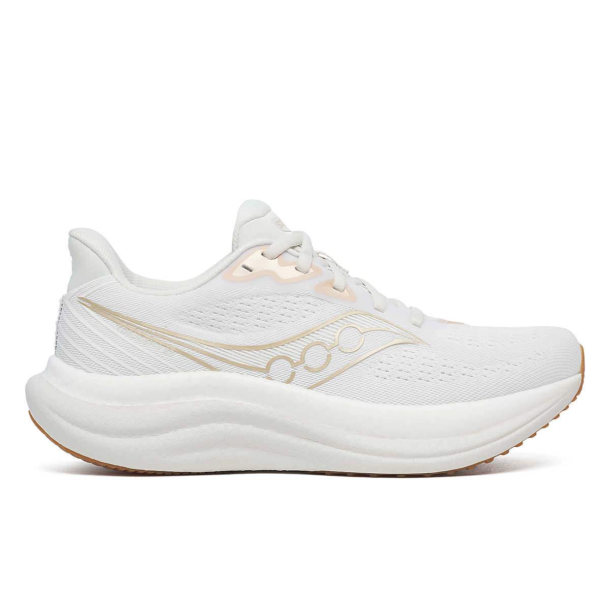 Saucony Women's Triumph 23 running shoe in white mesh with pale gold accents, cushioned sole and lace-up design
