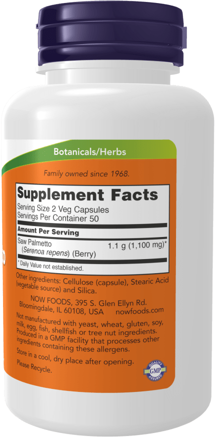 Saw Palmetto Berries supplement in a white bottle with a dark purple cap and orange label showing supplement facts