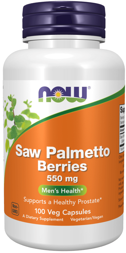Saw Palmetto Berries supplement in a white bottle with an orange label, purple cap, and 550 mg capsules