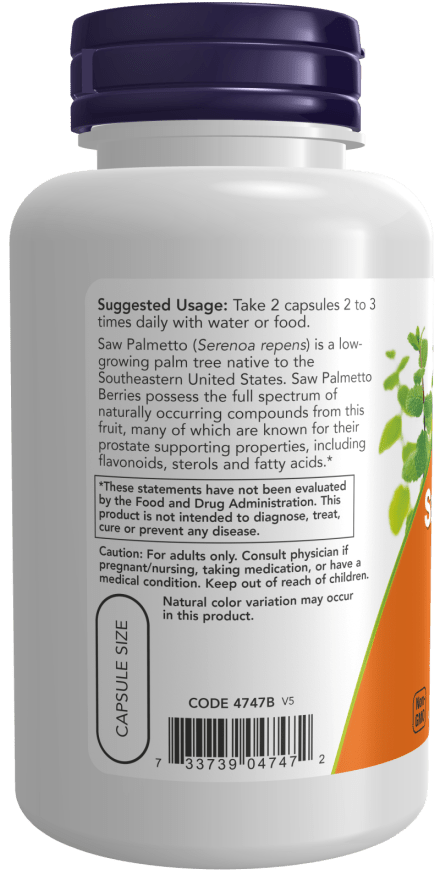 Saw Palmetto Berries supplement in a white bottle with a dark purple cap and orange-green label accents