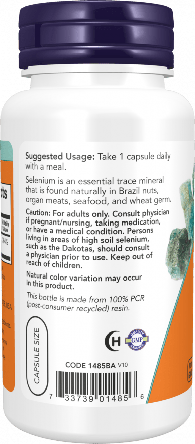 Selenium 200mcg supplement bottle with organic and vegan labels