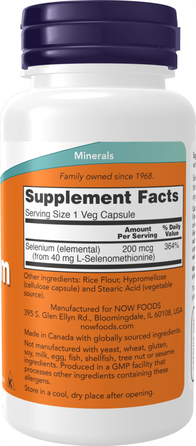 Selenium 200mcg supplement bottle by NOW FOODS gluten-free vegan