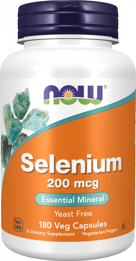 Selenium 200mcg supplement bottle by Now Foods with vegan and gluten-free labels