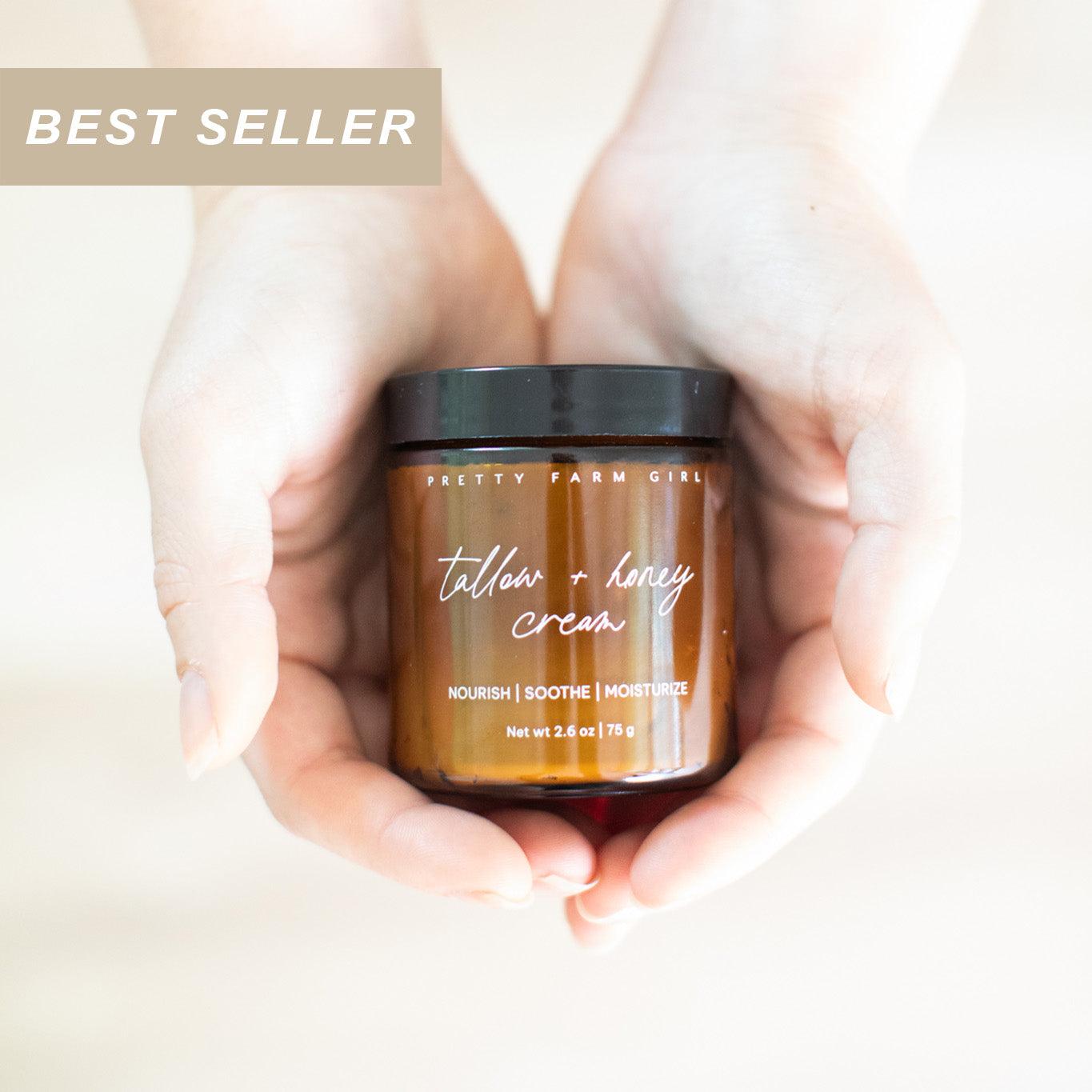 Sensitive Skin Fragrance Free Kit featuring a small amber jar of Tallow + Honey Cream with a black lid
