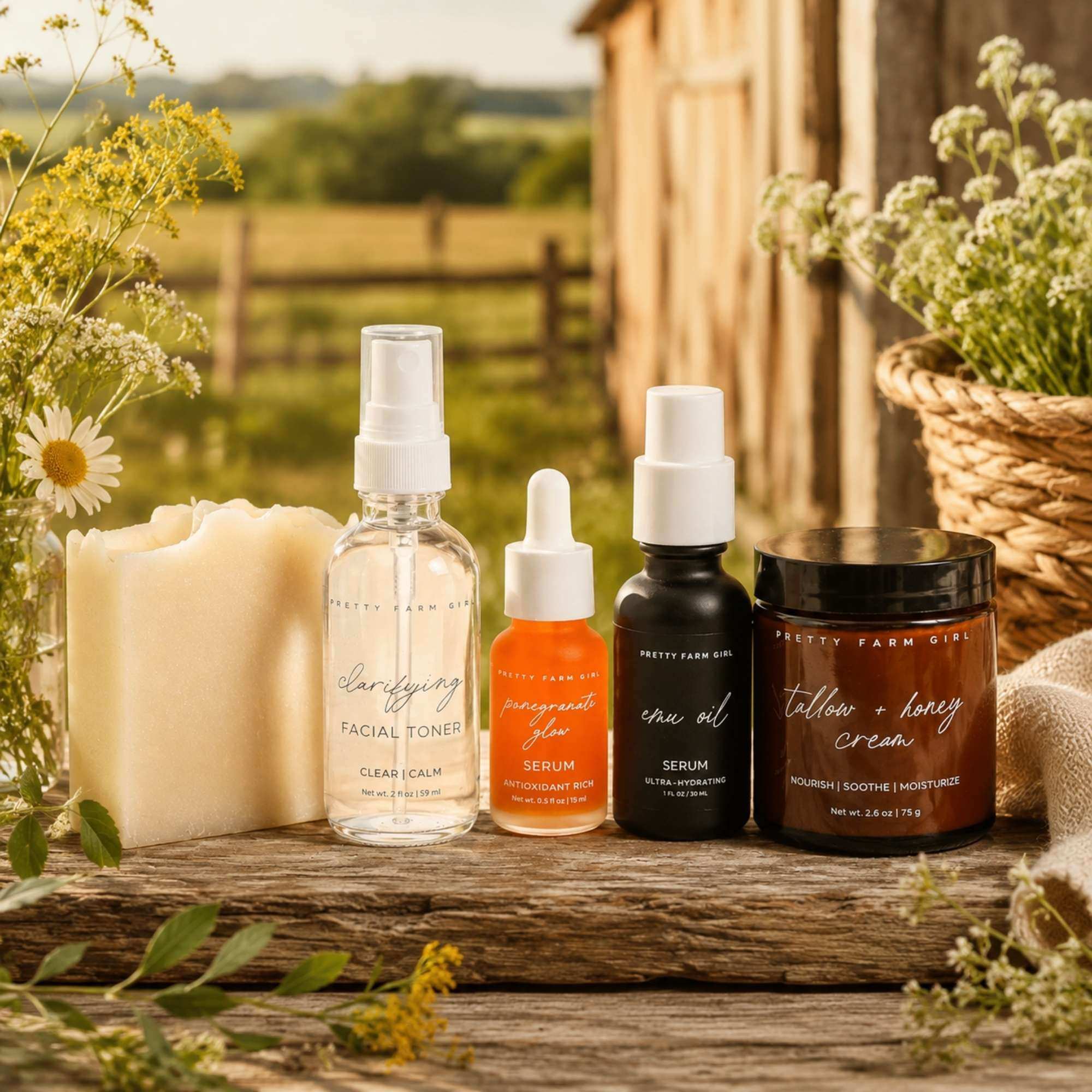 Sensitive Skin Fragrance Free Kit with cream soap bar, clear toner, orange serum, black oil serum and tallow honey cream jar