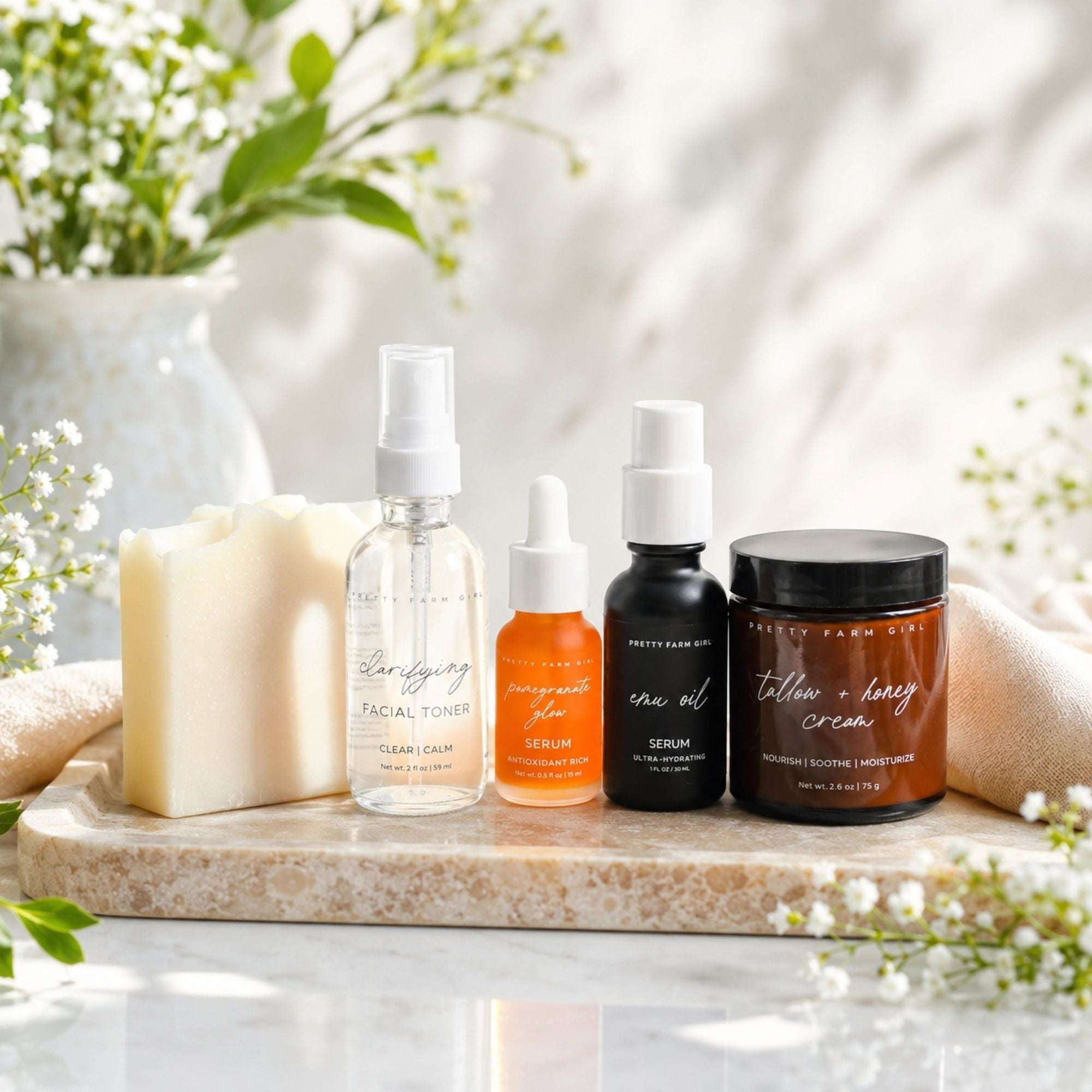 Sensitive Skin Fragrance Free Kit with tallow soap bar, facial toner, orange serum, emu oil and cream