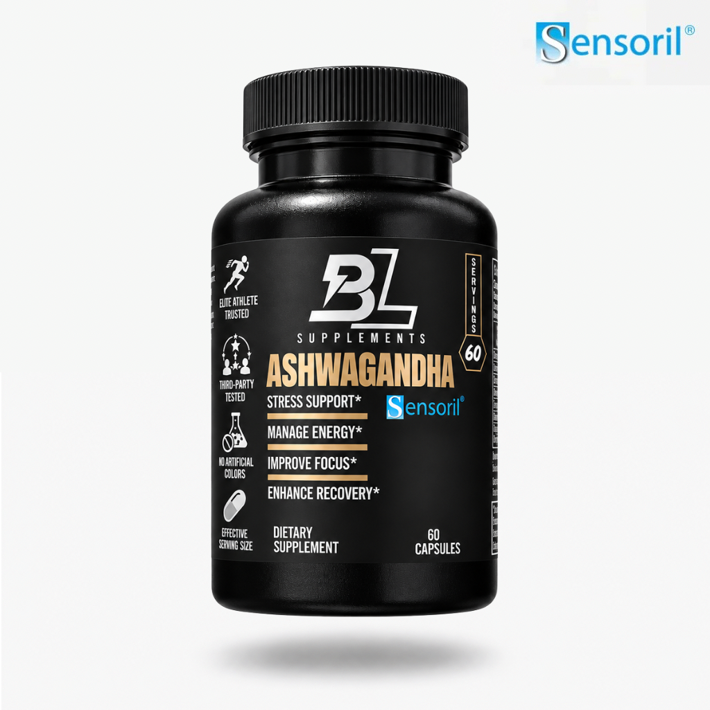 SENSORIL® ASHWAGANDHA supplement in a black bottle with a ribbed cap, gold and white label, and 60 capsules