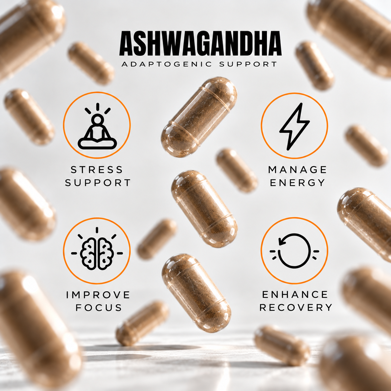 SENSORIL® ASHWAGANDHA supplement capsules in translucent brown shells, with stress support, energy, focus and recovery icons