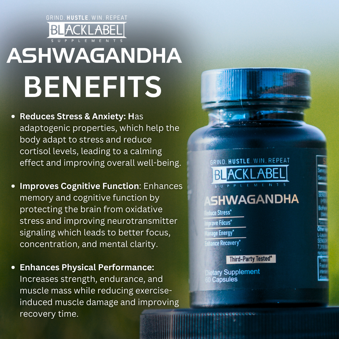 SENSORIL® ASHWAGANDHA supplement bottle with a dark label and blue cap, shown beside a graphic listing benefits
