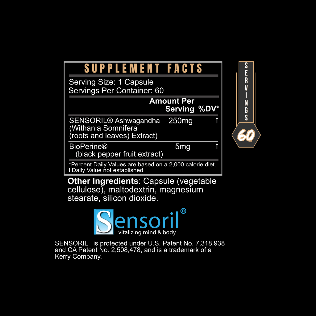 SENSORIL® ASHWAGANDHA supplement facts label listing ashwagandha and black pepper extract in a 60-capsule serving