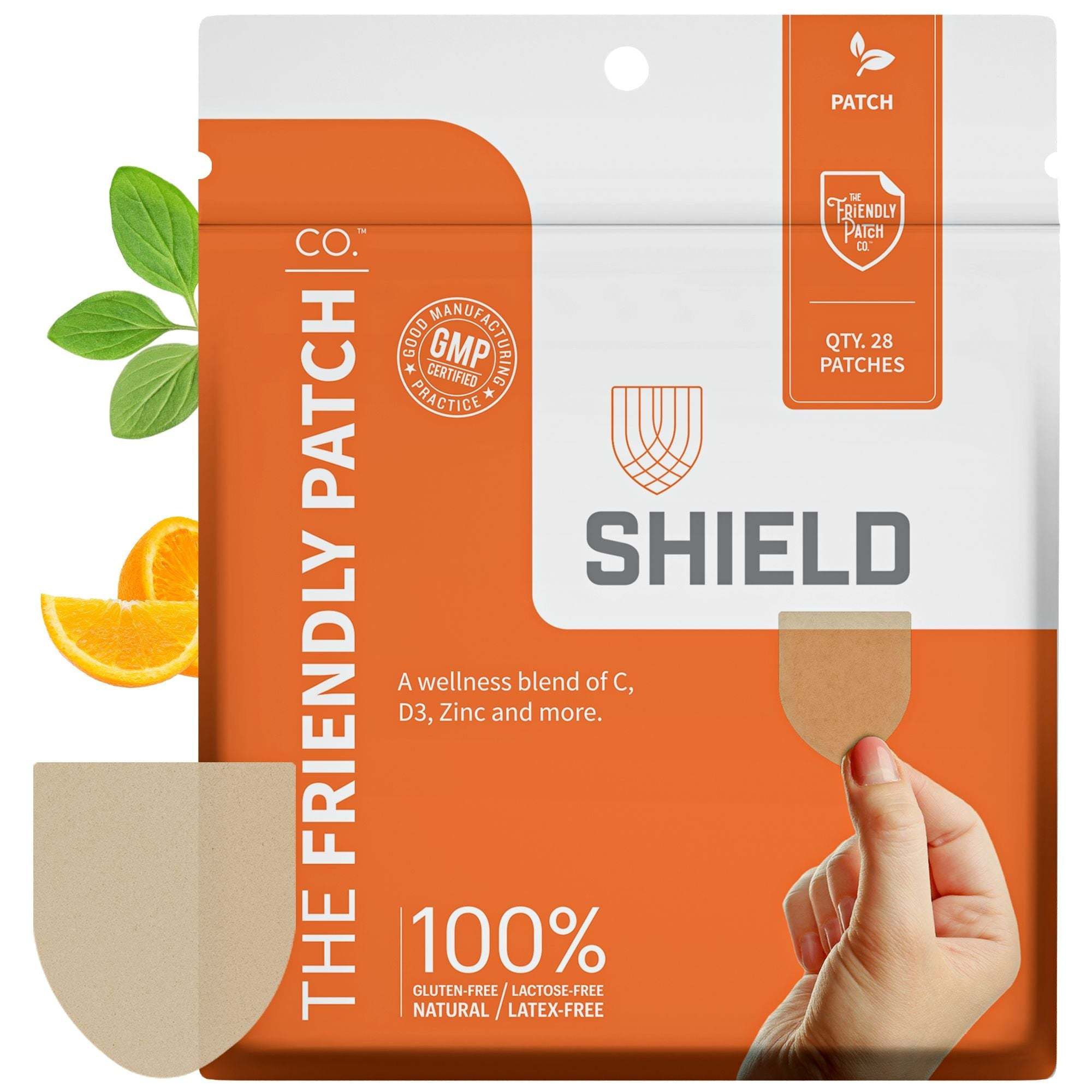 Shield Wellness Patches orange and white packet with shield logo, wellness blend label, and 28 patches