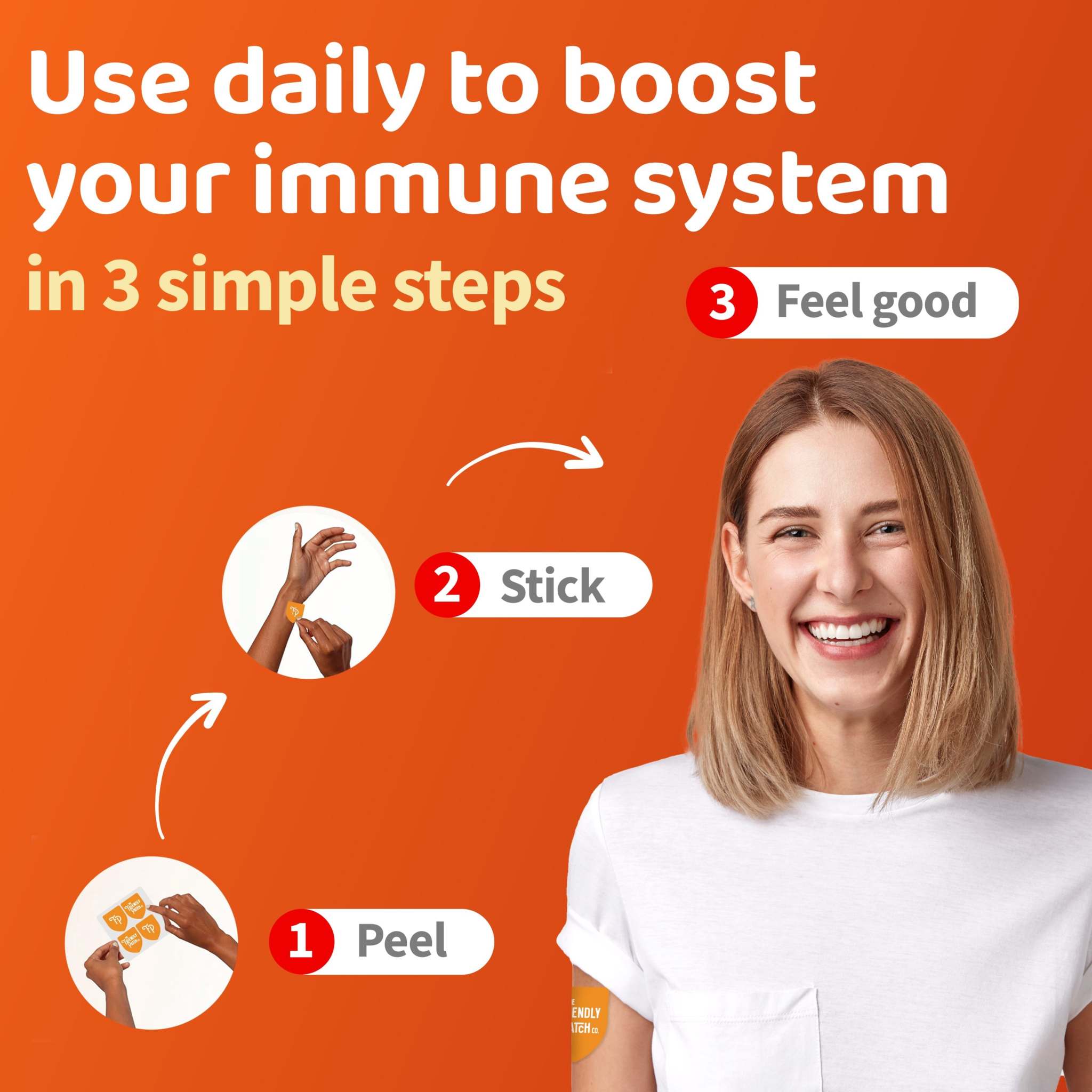 Shield Wellness Patches showing peel, stick, and feel-good steps with an orange design and arm-worn patch