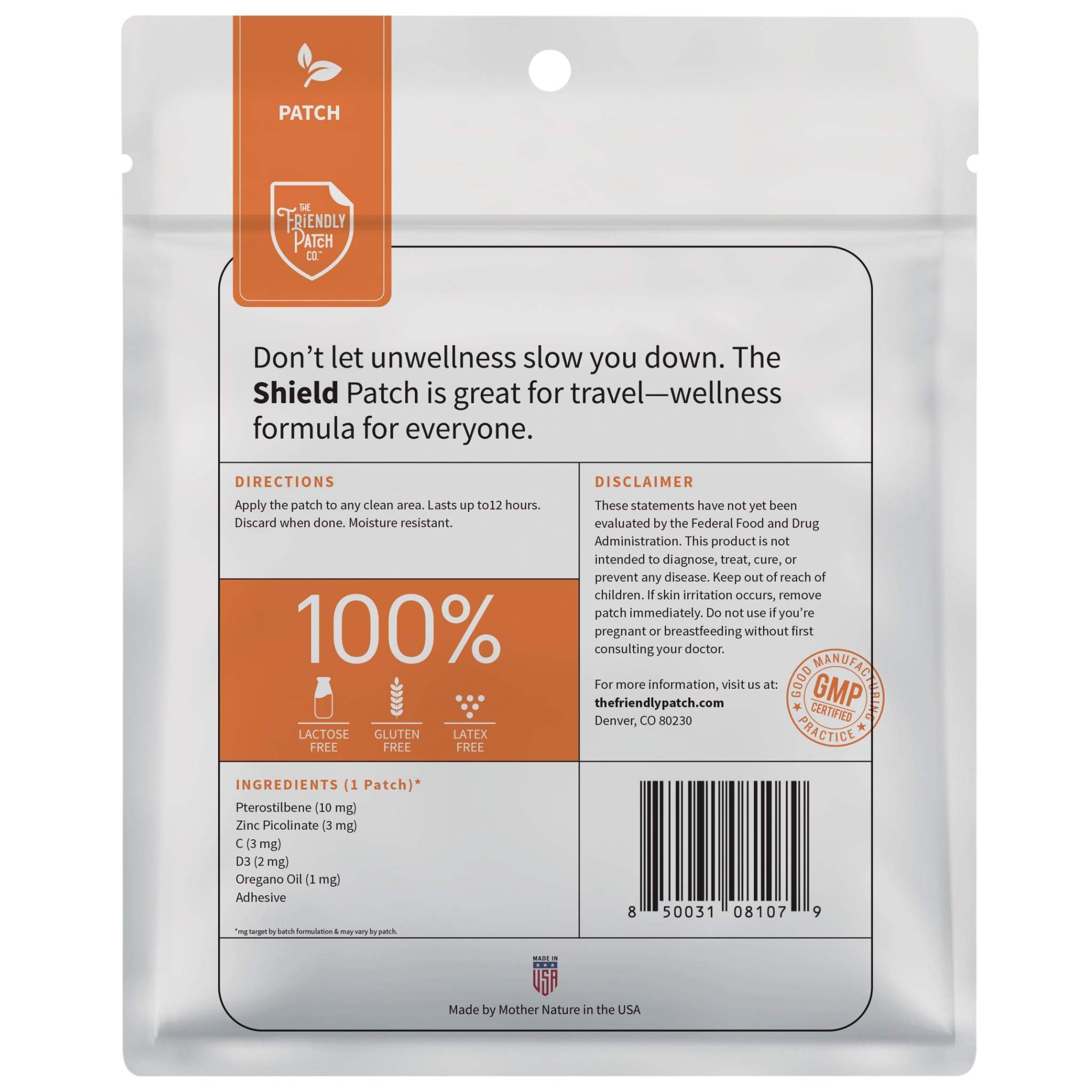 Shield Wellness Patches silver pouch with orange label, shield logo, directions, ingredients, and 100% wellness formula