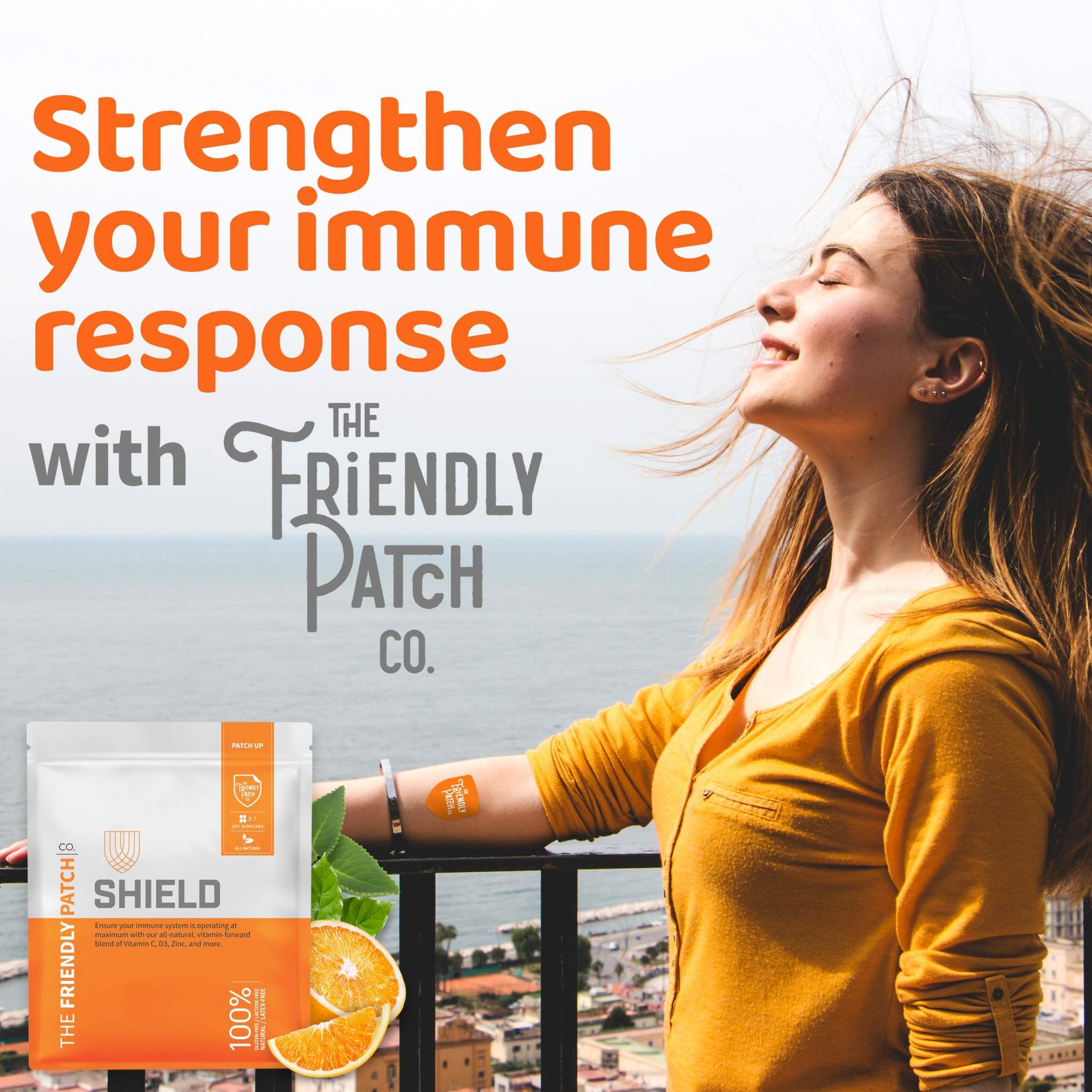 Shield Wellness Patches package in white and orange with shield icon and 100% plant-powered label
