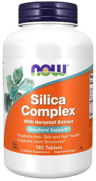 Silica Complex dietary supplement in a white bottle with a purple cap and orange label, featuring horsetail extract