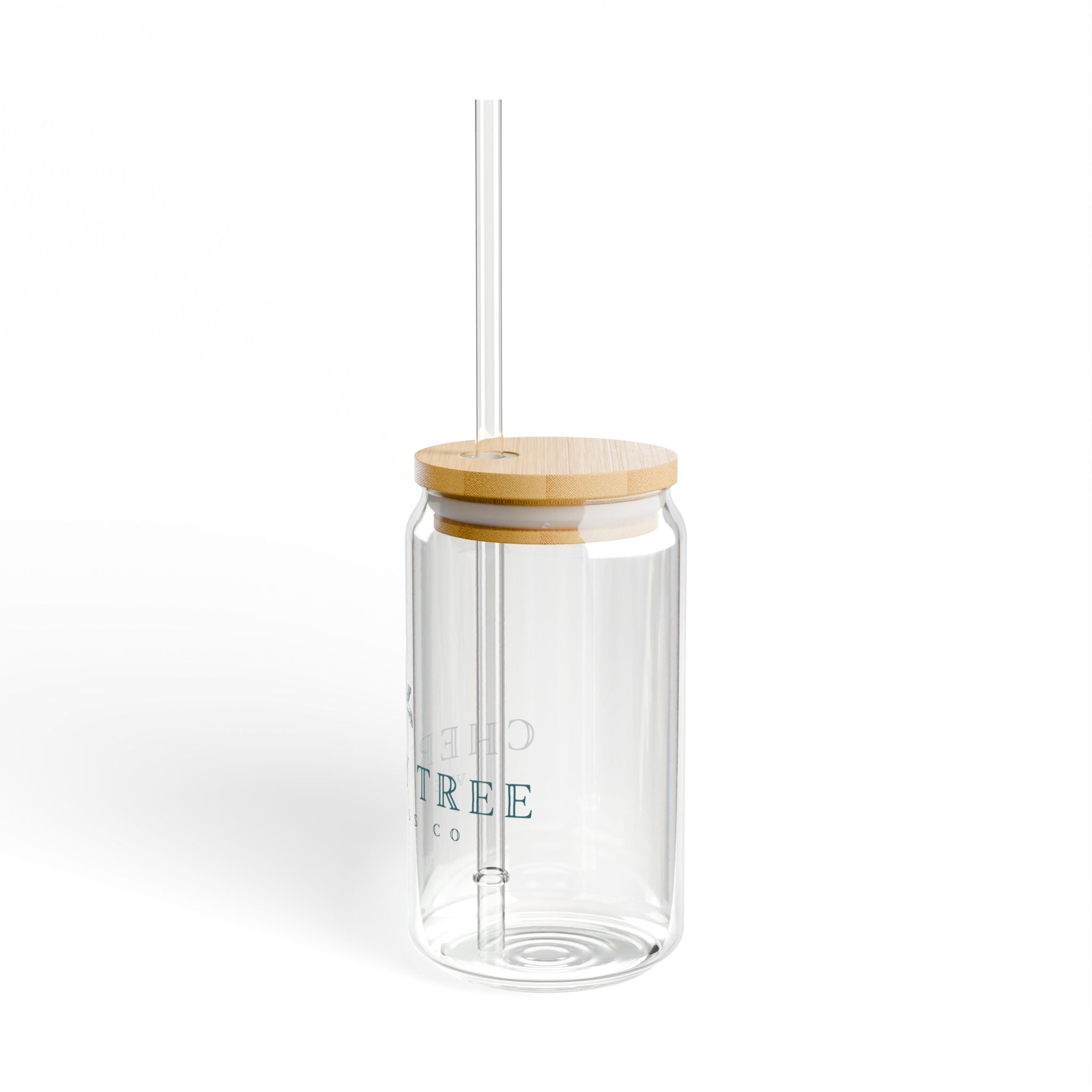 Sipper Glass 16oz in clear glass with a natural bamboo lid, transparent straw, and subtle printed lettering
