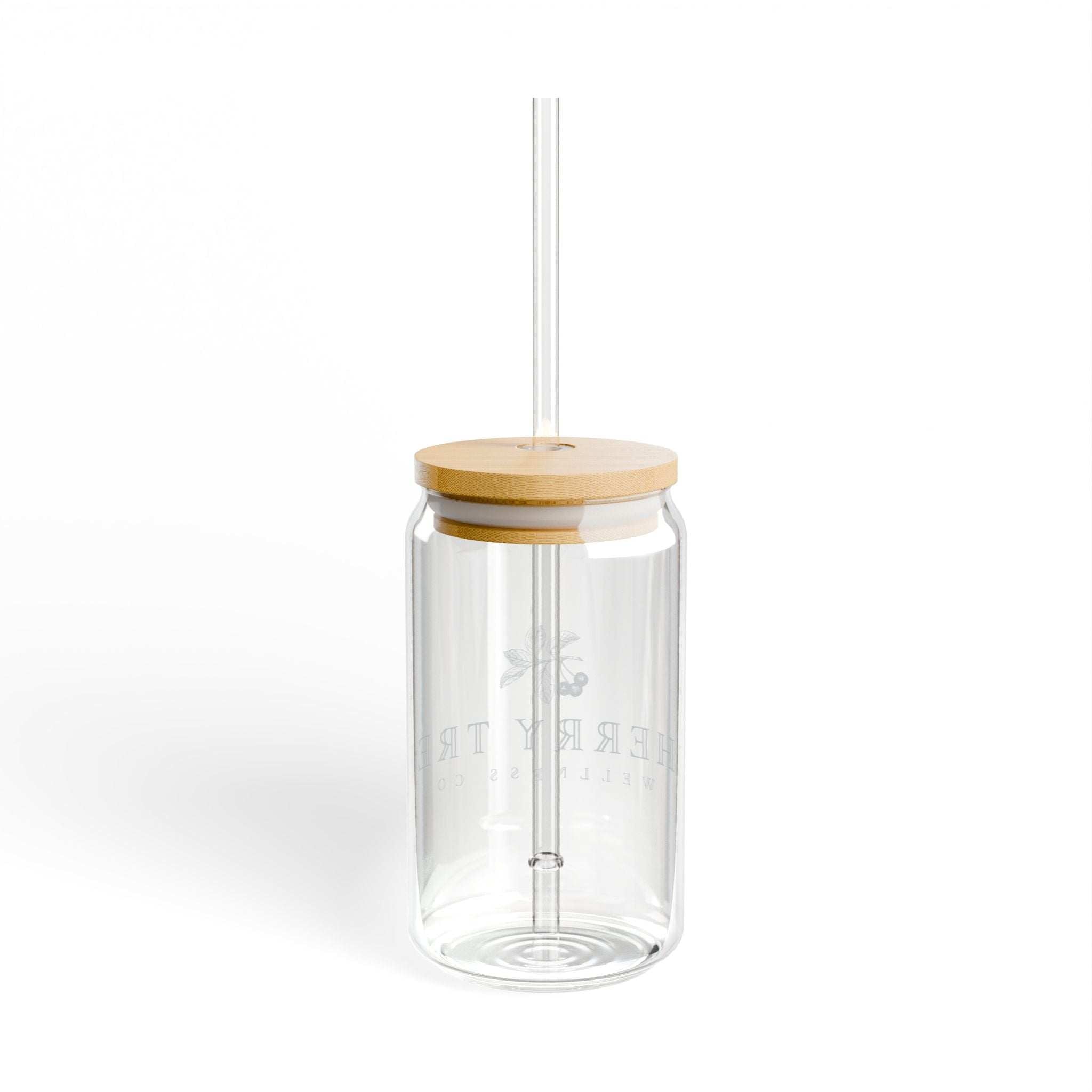 Sipper Glass 16oz in clear tempered glass with a bamboo lid and a tall transparent straw