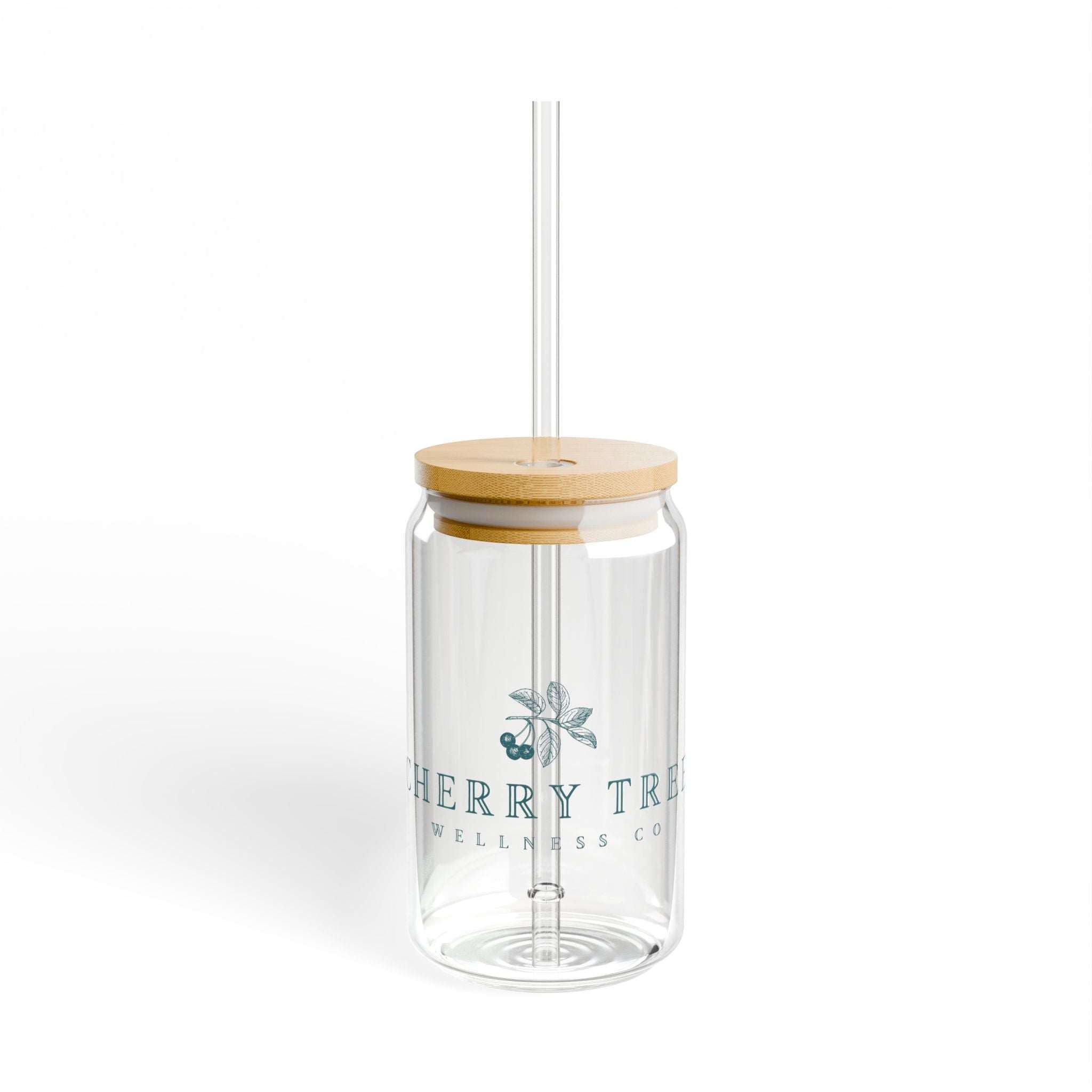 Sipper Glass 16oz in clear glass with a bamboo lid, clear straw, and teal botanical lettering
