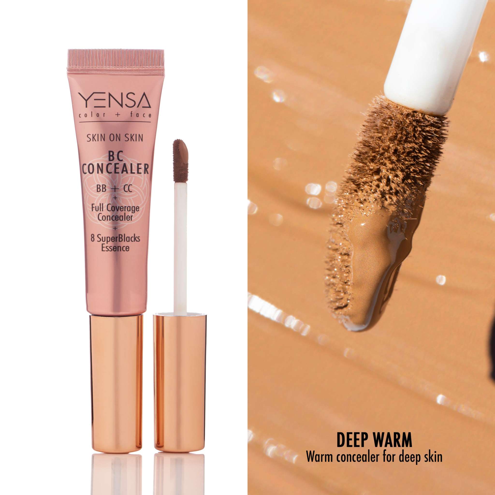 Skin On Skin BB full coverage concealer in a pink tube with a rose-gold cap and applicator, shown in deep warm shade