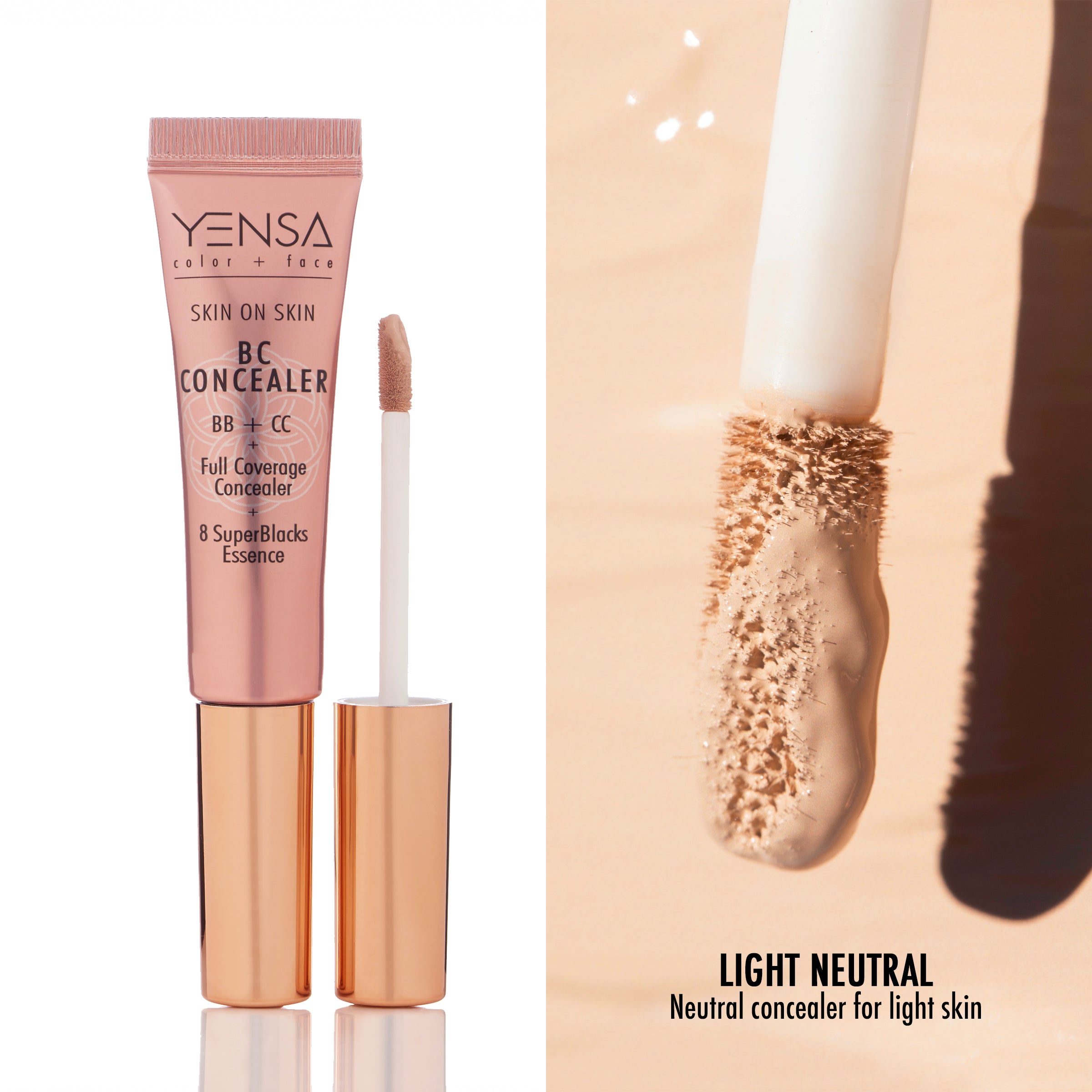 Skin On Skin BB concealer in a dusty rose tube with a rose-gold applicator, shown in a light neutral shade