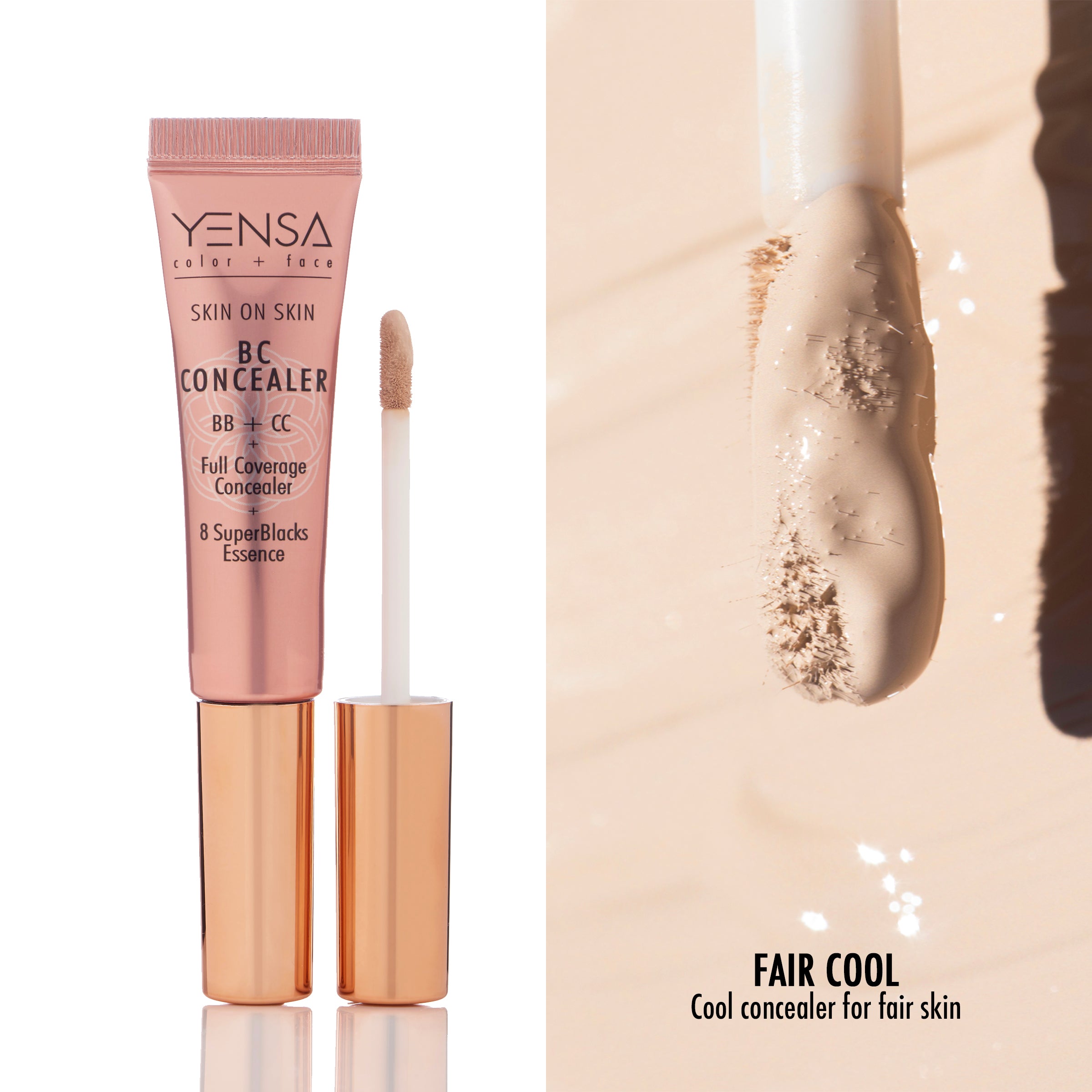 Skin On Skin BB concealer in a pink tube with rose-gold cap, shown with a fair cool-toned cream swatch