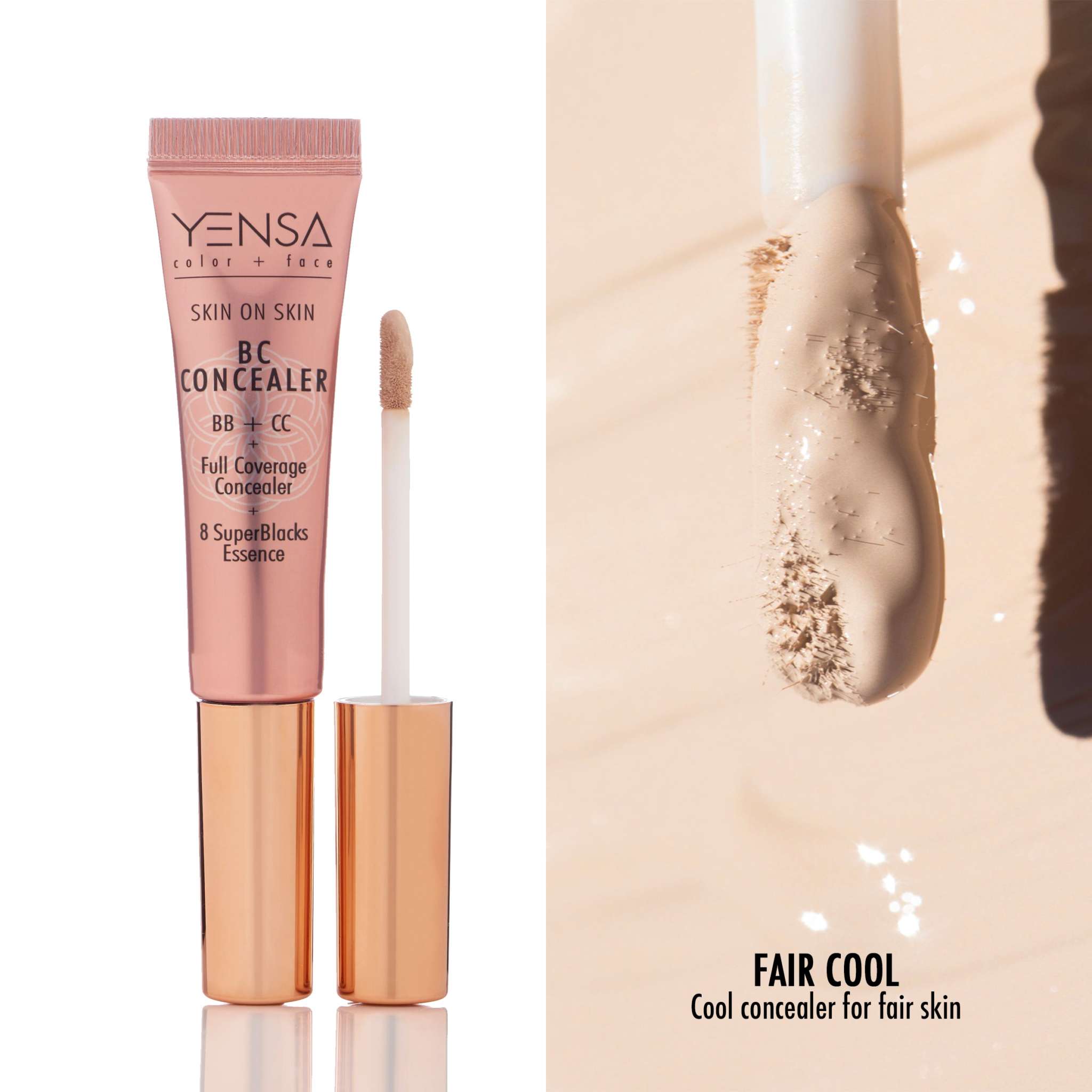 Skin On Skin BB concealer in a rose-pink tube with a metallic gold cap, shown with a fair cool shade swatch