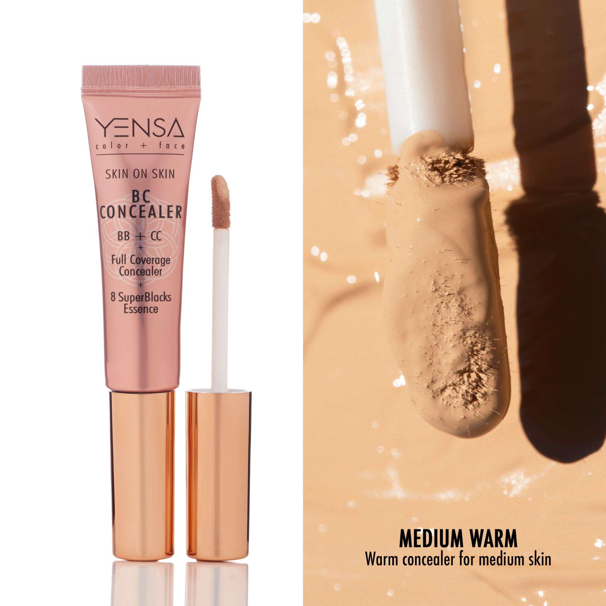 Skin On Skin BB concealer in a rose-pink tube with metallic gold cap, shown beside a medium warm shade swatch