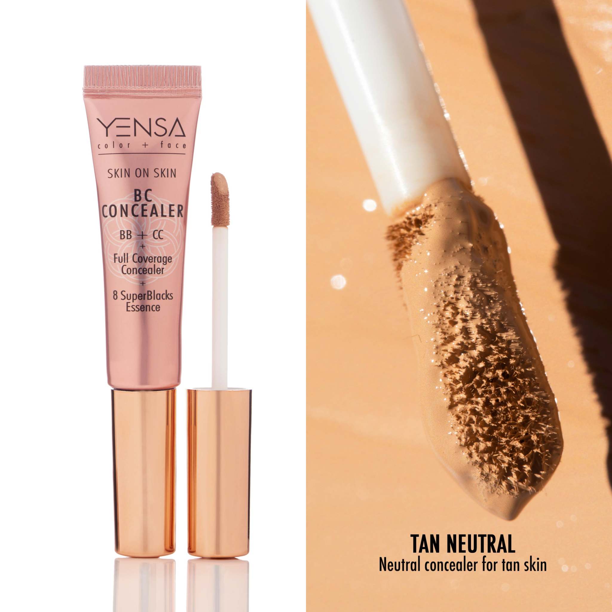 Skin On Skin BB concealer in a rose-pink tube with a rose-gold cap, shown with tan neutral creamy swatch