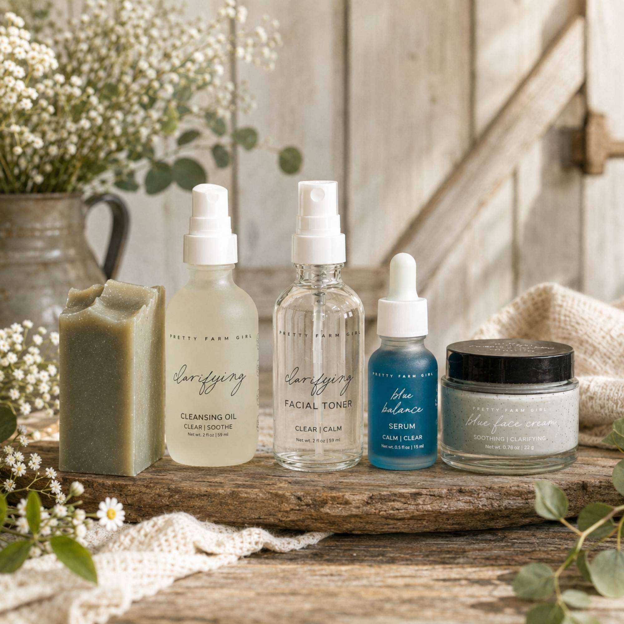 Skin Redness Skincare Routine Kit with cleansing oil, soap bar, facial toner, blue serum, and cream
