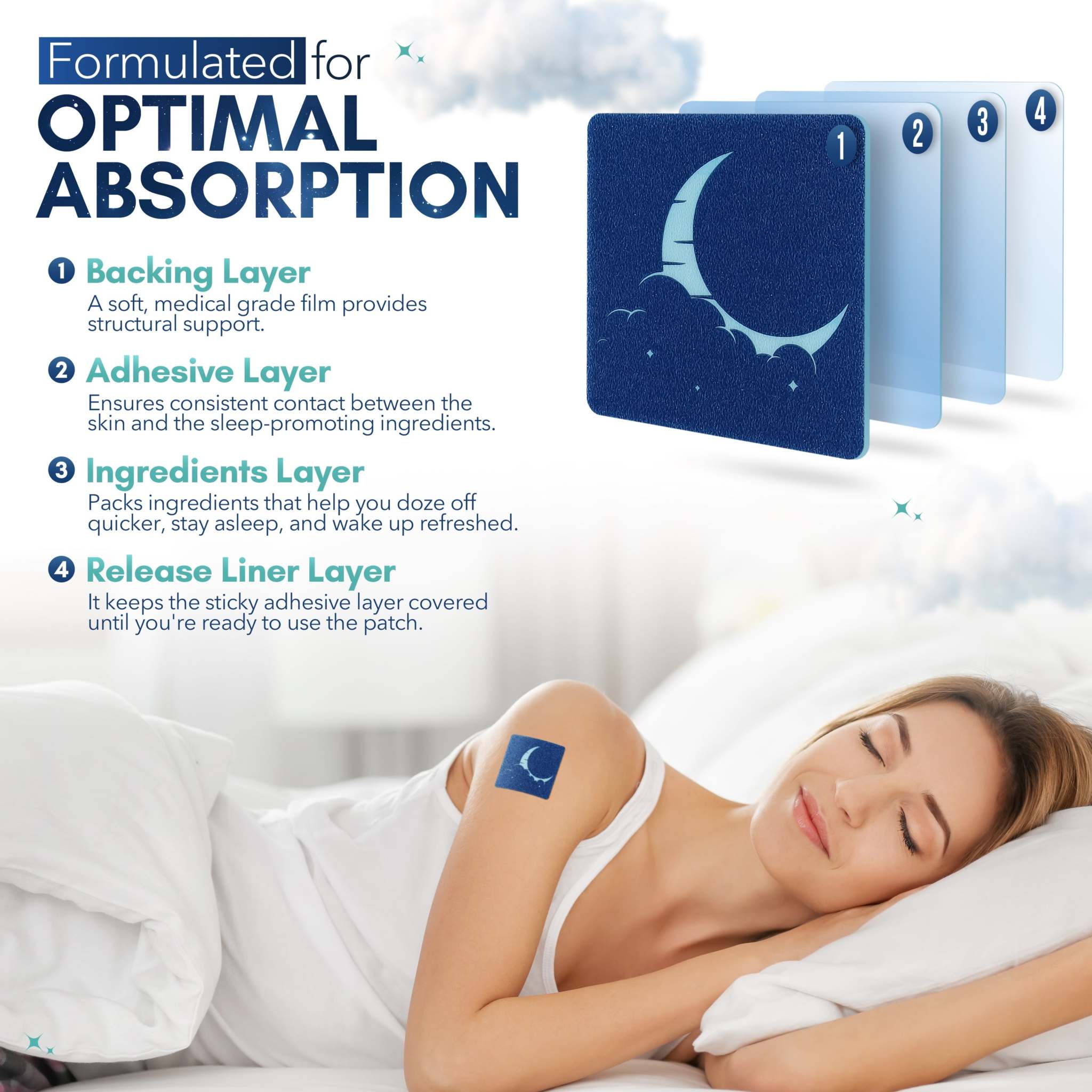 Sleep Patch blue wearable adhesive patch with crescent moon design, shown on a sleeping woman's upper arm