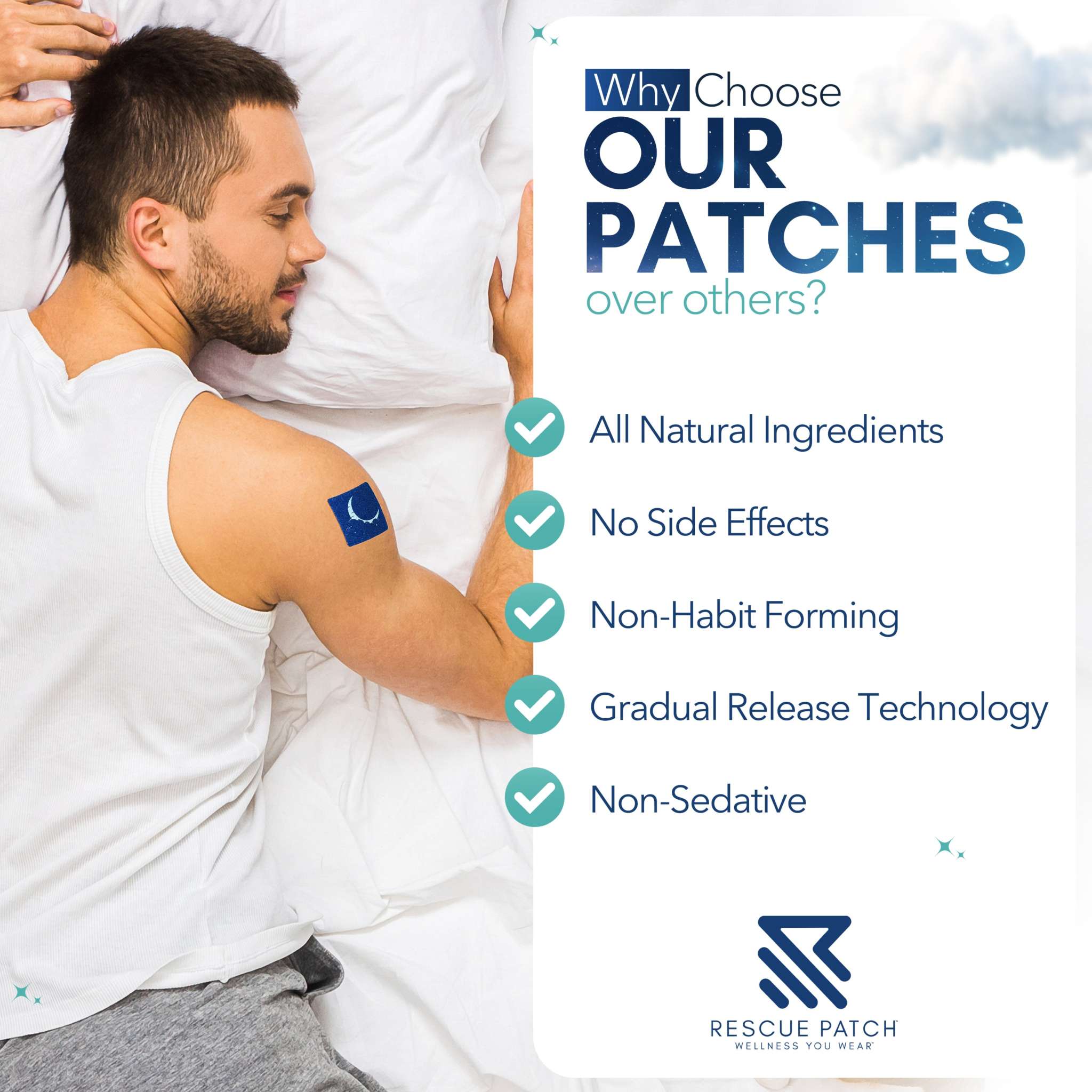 Sleep Patch wearable blue adhesive patch on upper arm, shown with Rescue Patch benefits and natural ingredient claims