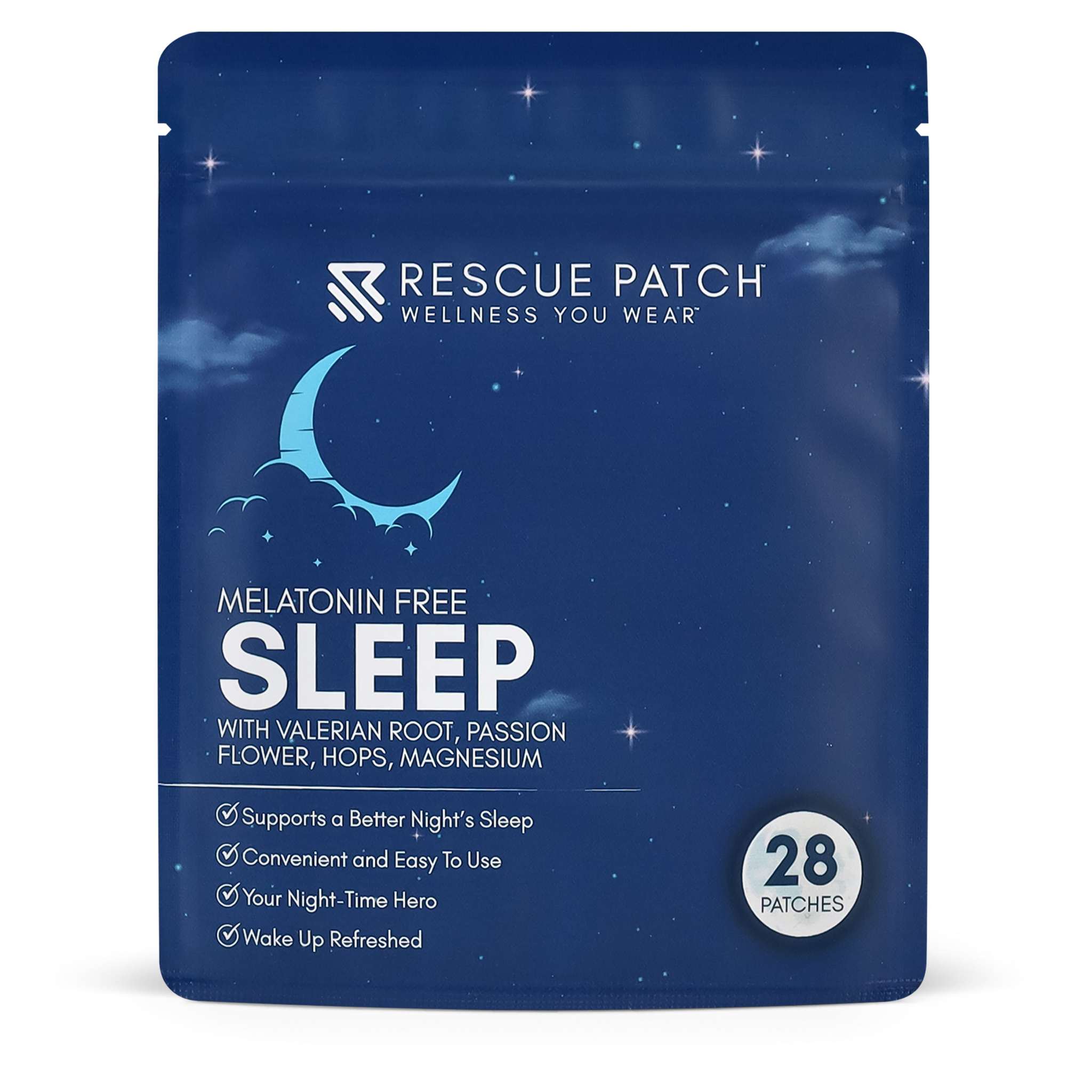 Sleep Patch in a dark blue pouch with moon and stars, marked melatonin free and 28 patches