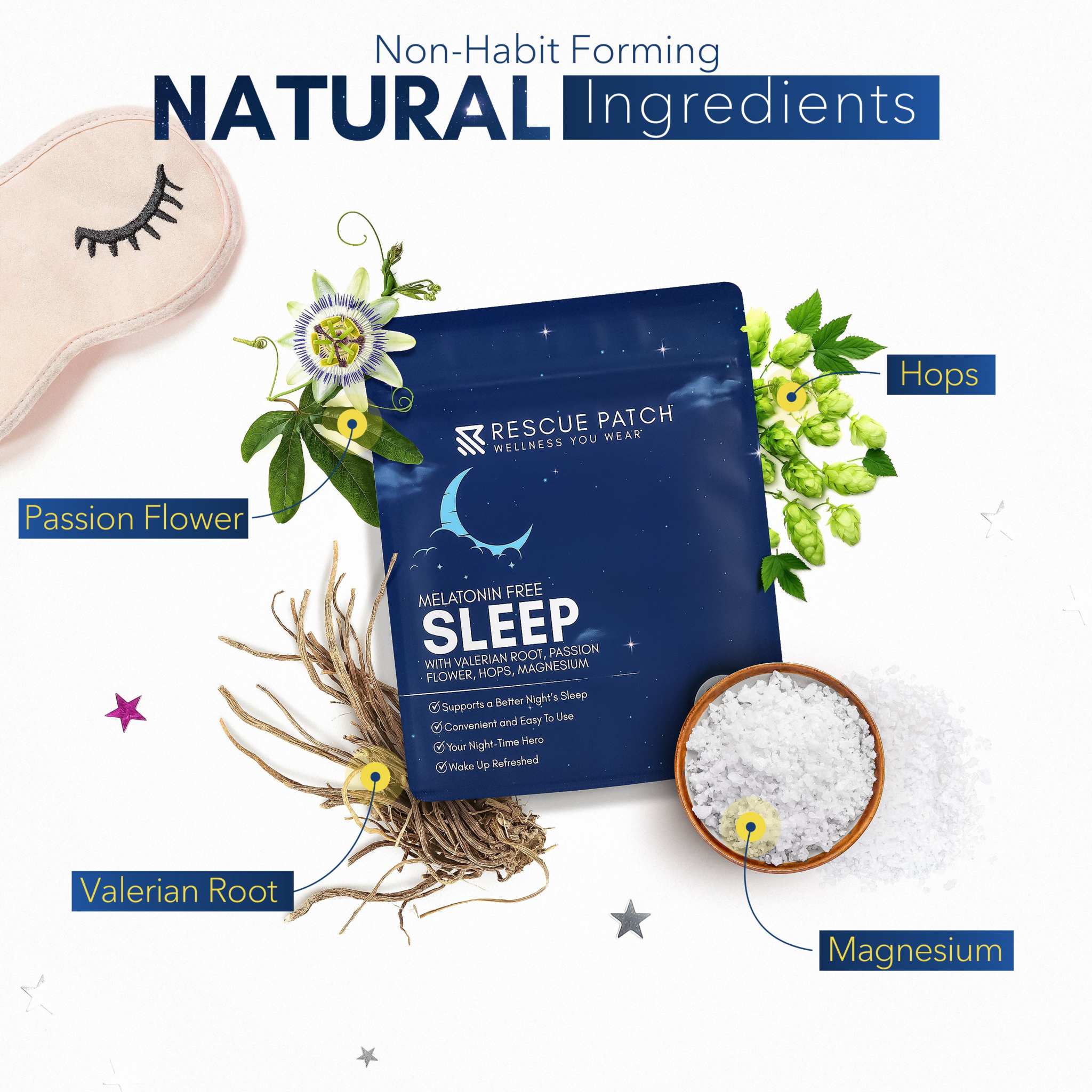 Sleep Patch dark blue pouch with natural ingredients, featuring passion flower, hops, valerian root and magnesium