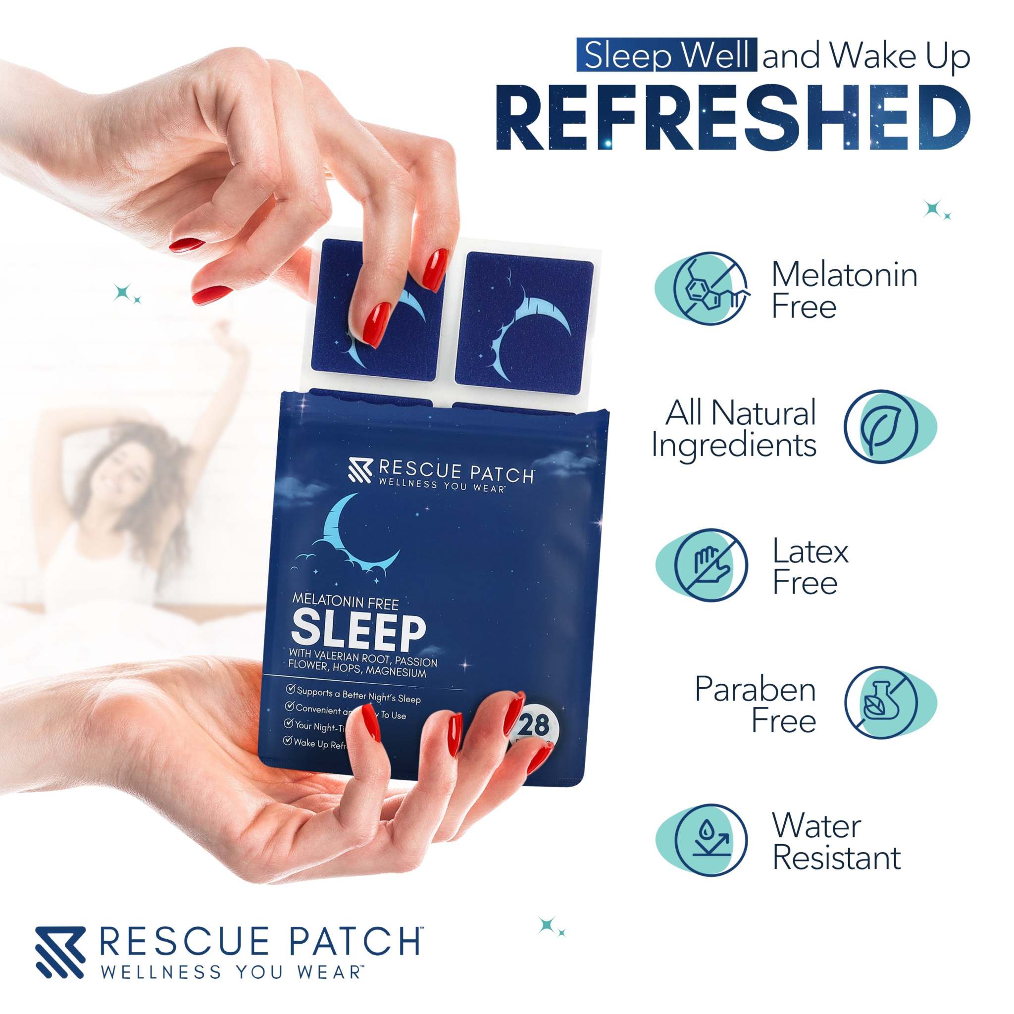 Sleep Patch in dark blue packaging with individual wearable patches, showing moon design and 28-count pouch