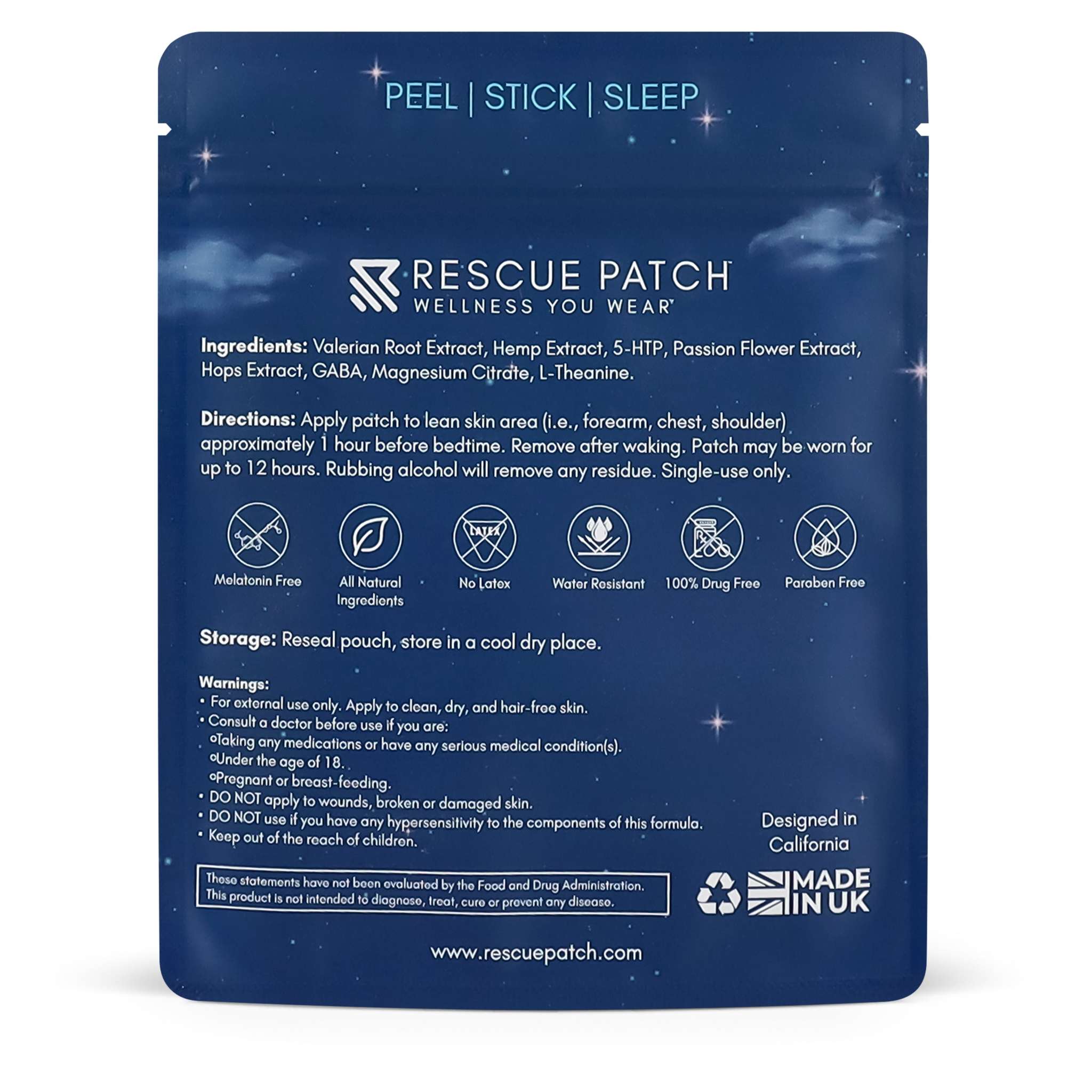 Sleep Patch wellness patch pouch in dark blue packaging with starry design and Rescue Patch branding