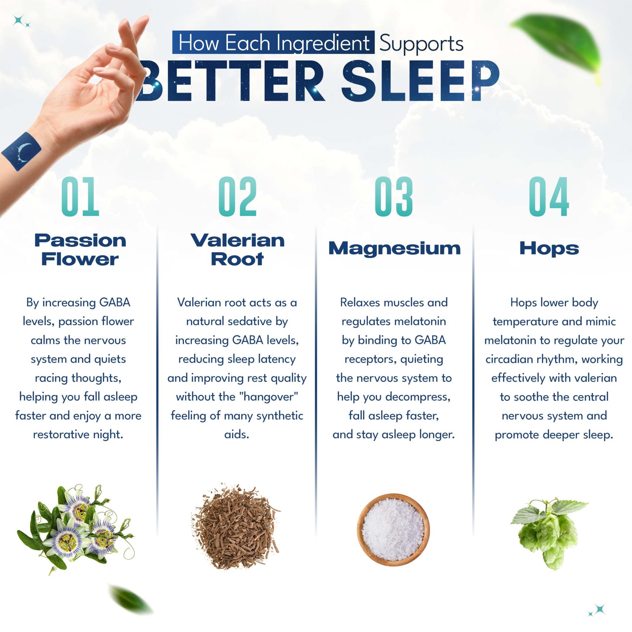 Sleep Patch ingredient infographic showing passion flower, valerian root, magnesium, and hops supporting better sleep