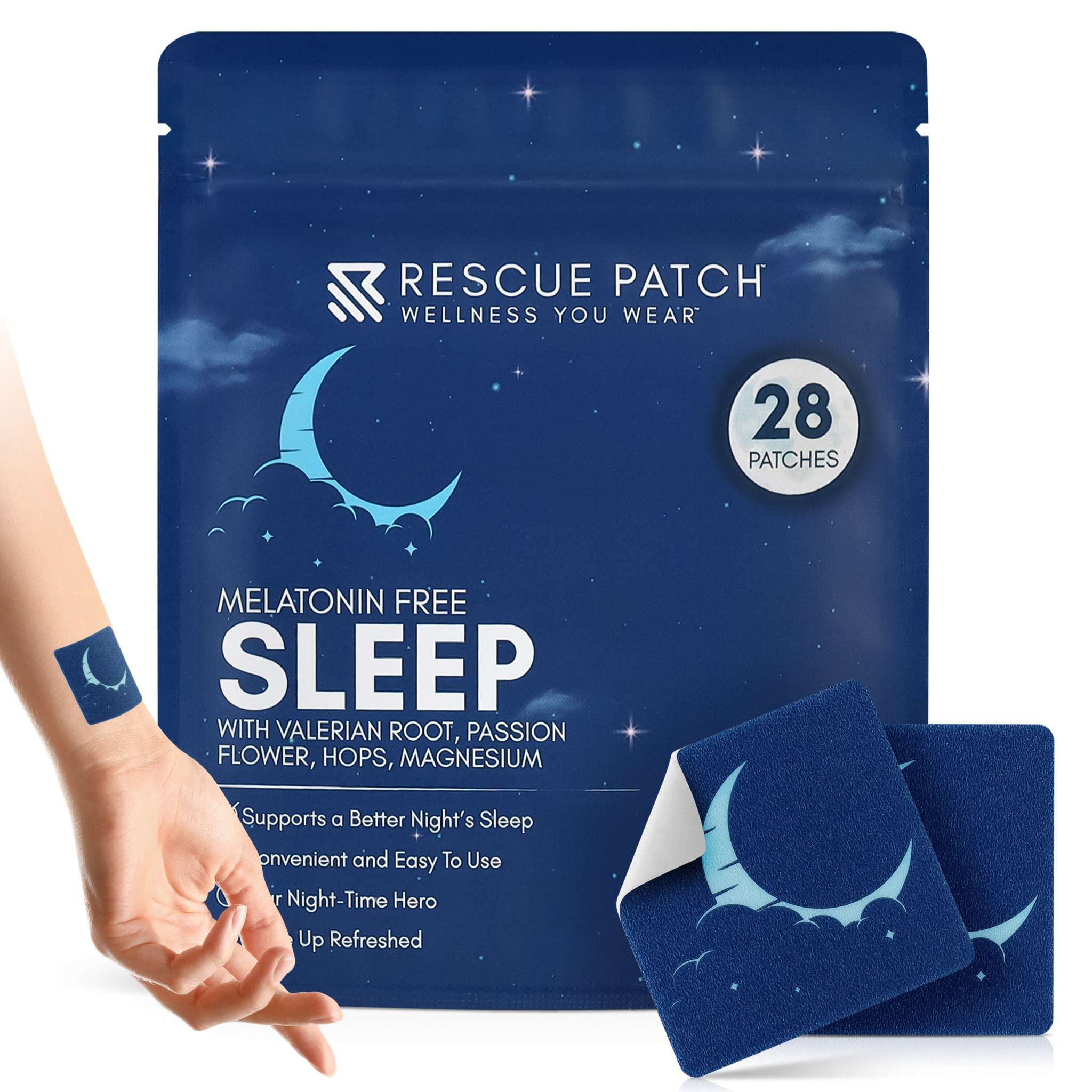 Sleep Patch in a navy blue starry pouch with moon design and matching peel-and-apply patches