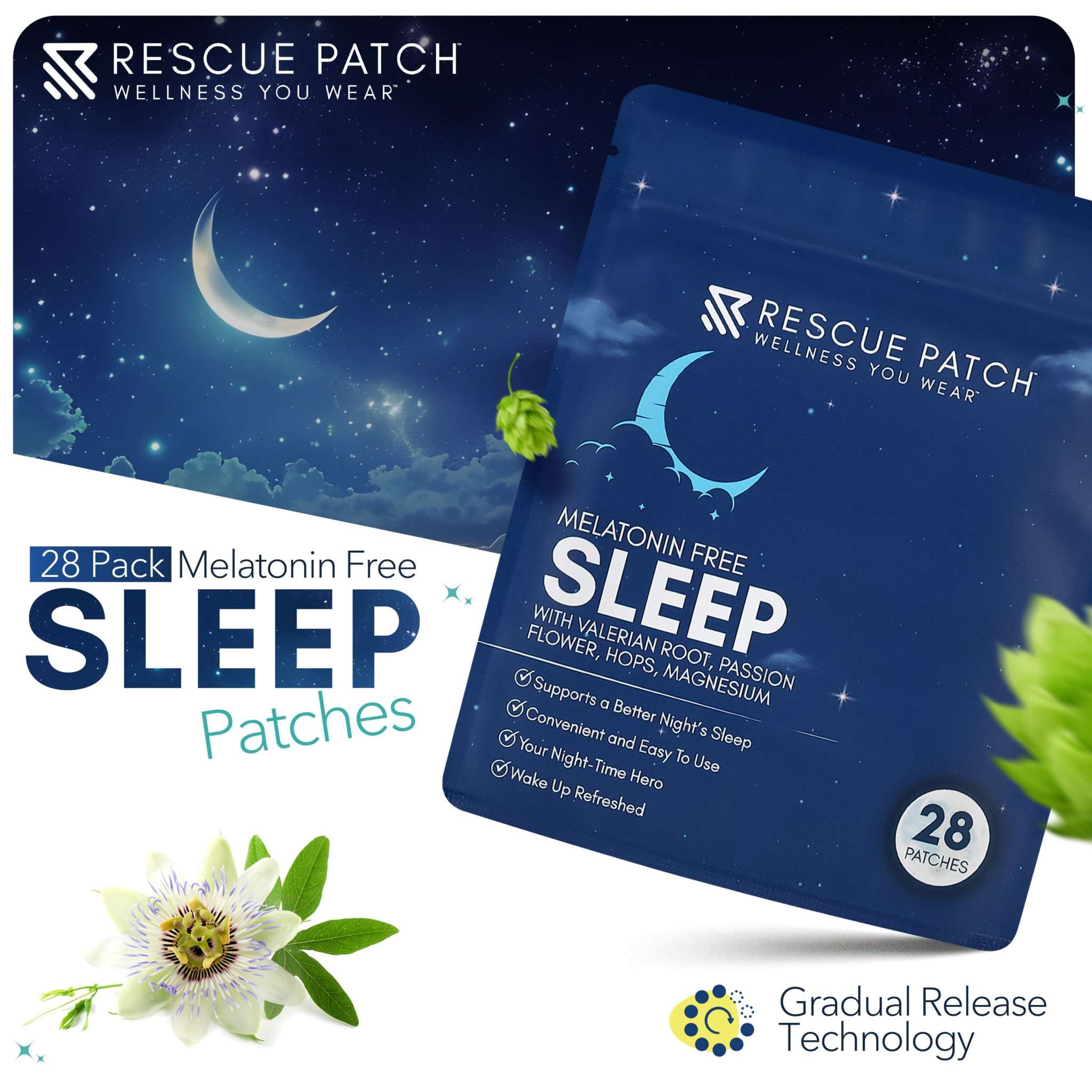Sleep Patch pouch with navy packaging, crescent moon design, and 28 patches for overnight wear