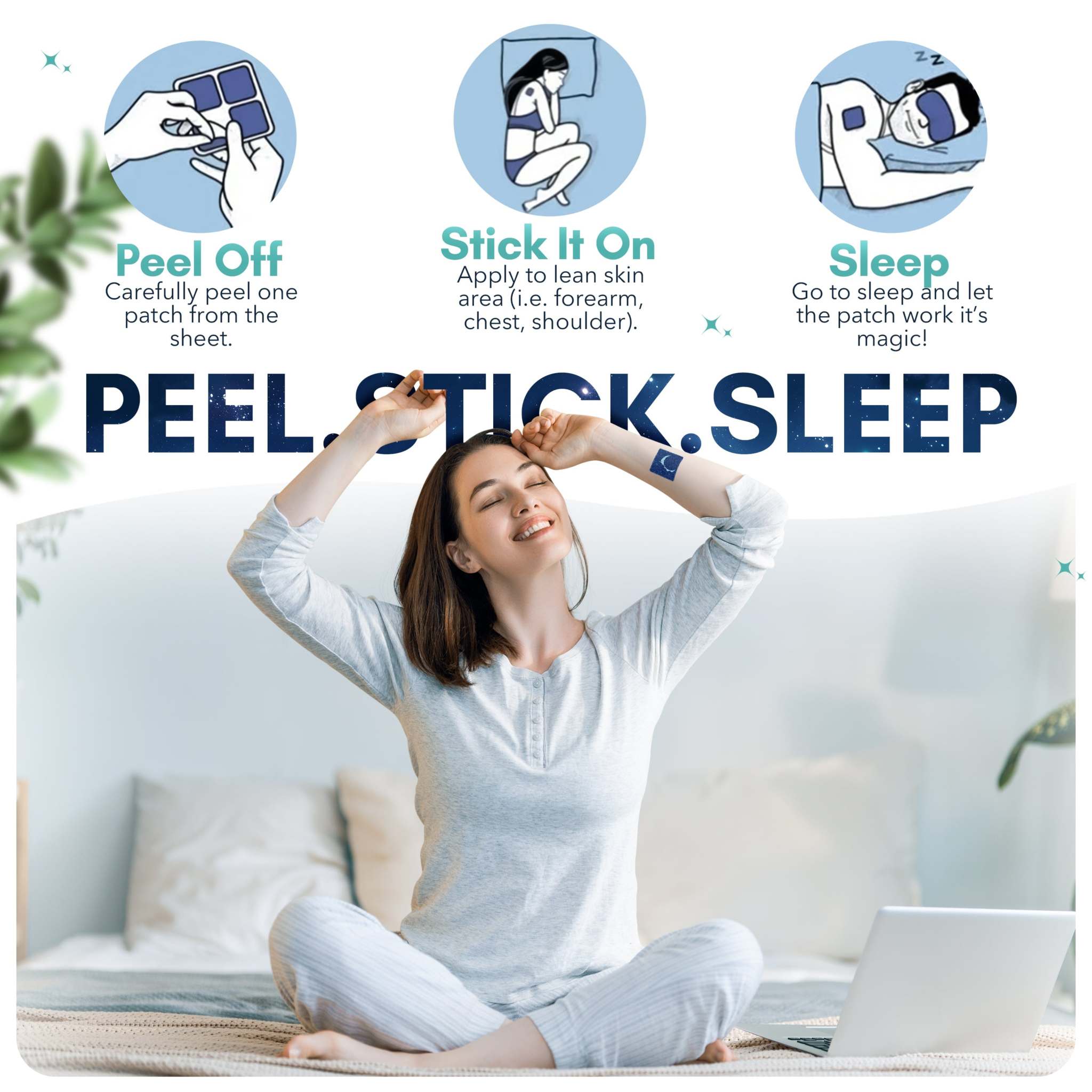 Sleep Patch wellness patch shown with peel-and-stick instructions and a woman relaxing in bedwear