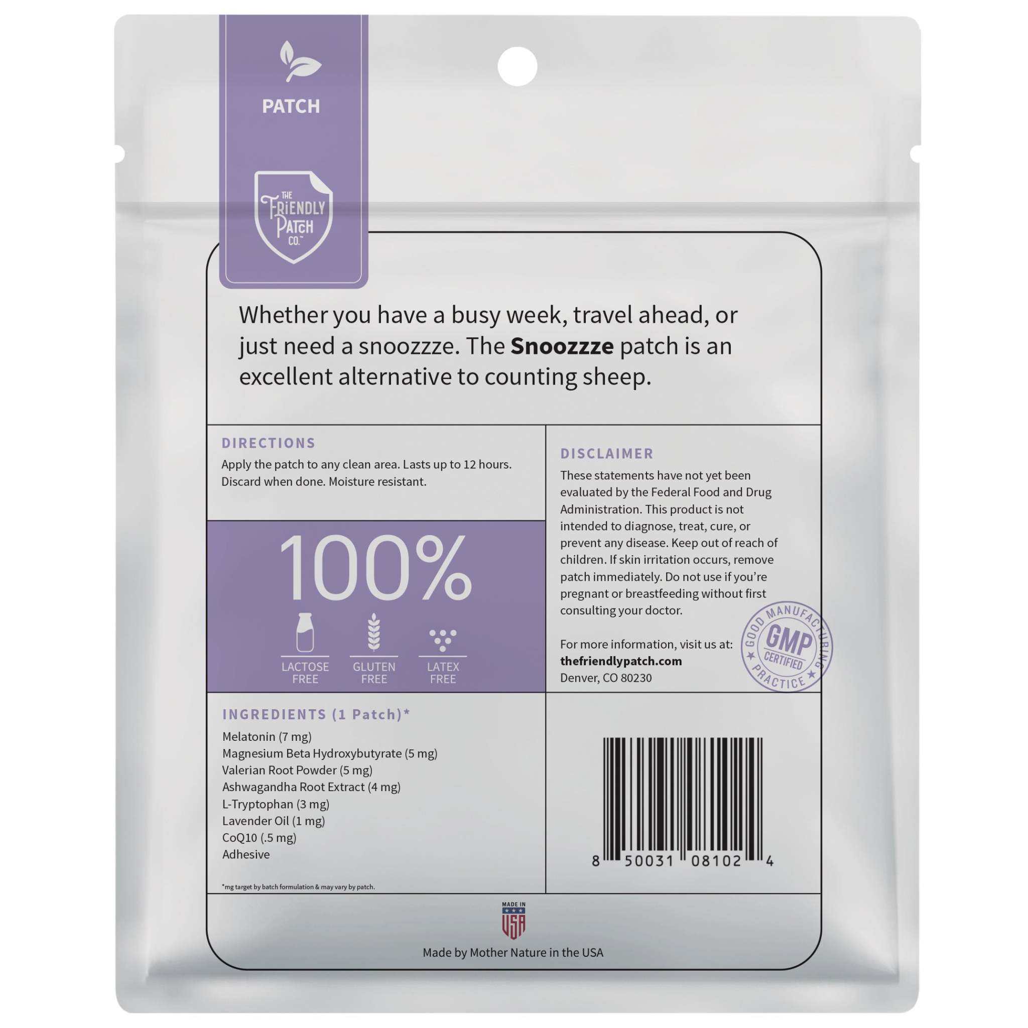 Sleep Patches in a clear resealable pouch with a purple label, ingredient list, directions and barcode