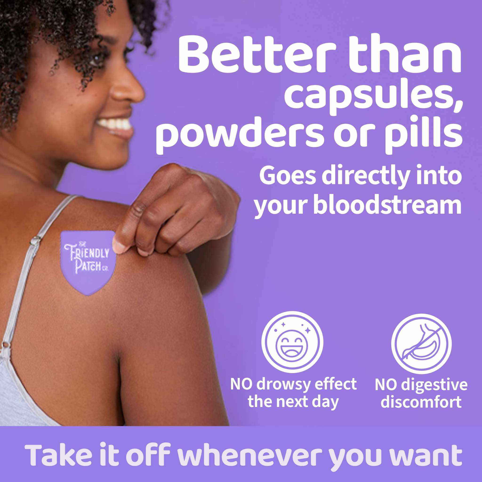 Sleep Patches are small purple adhesive patches shown on a woman's shoulder, with a white Friendly Patch logo.