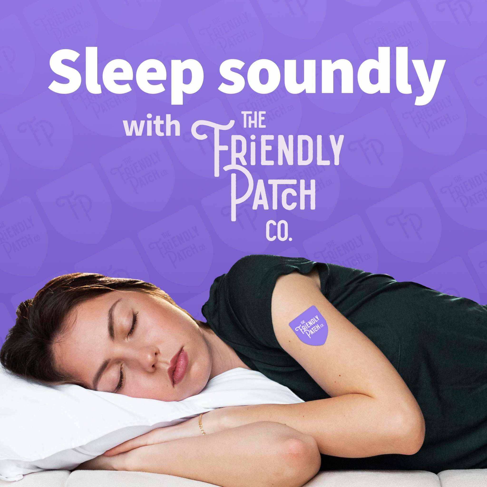 Sleep Patches are shown as a small purple adhesive patch worn on a sleeping woman's upper arm, with white lettering.